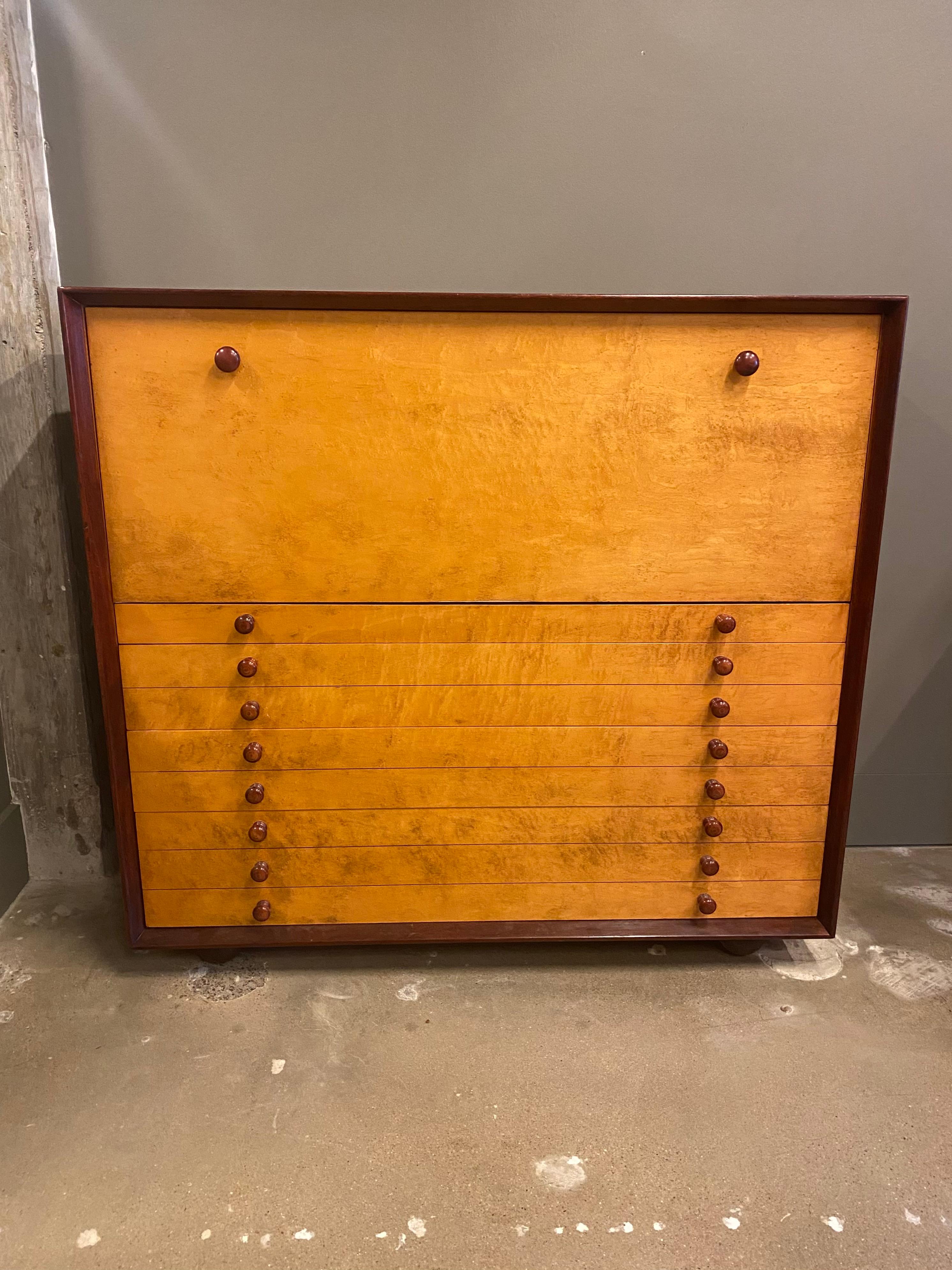 Mid-Century Modern Burled Maple Cabinet Secretary with Drawers / Flat File, USA, 1960's For Sale
