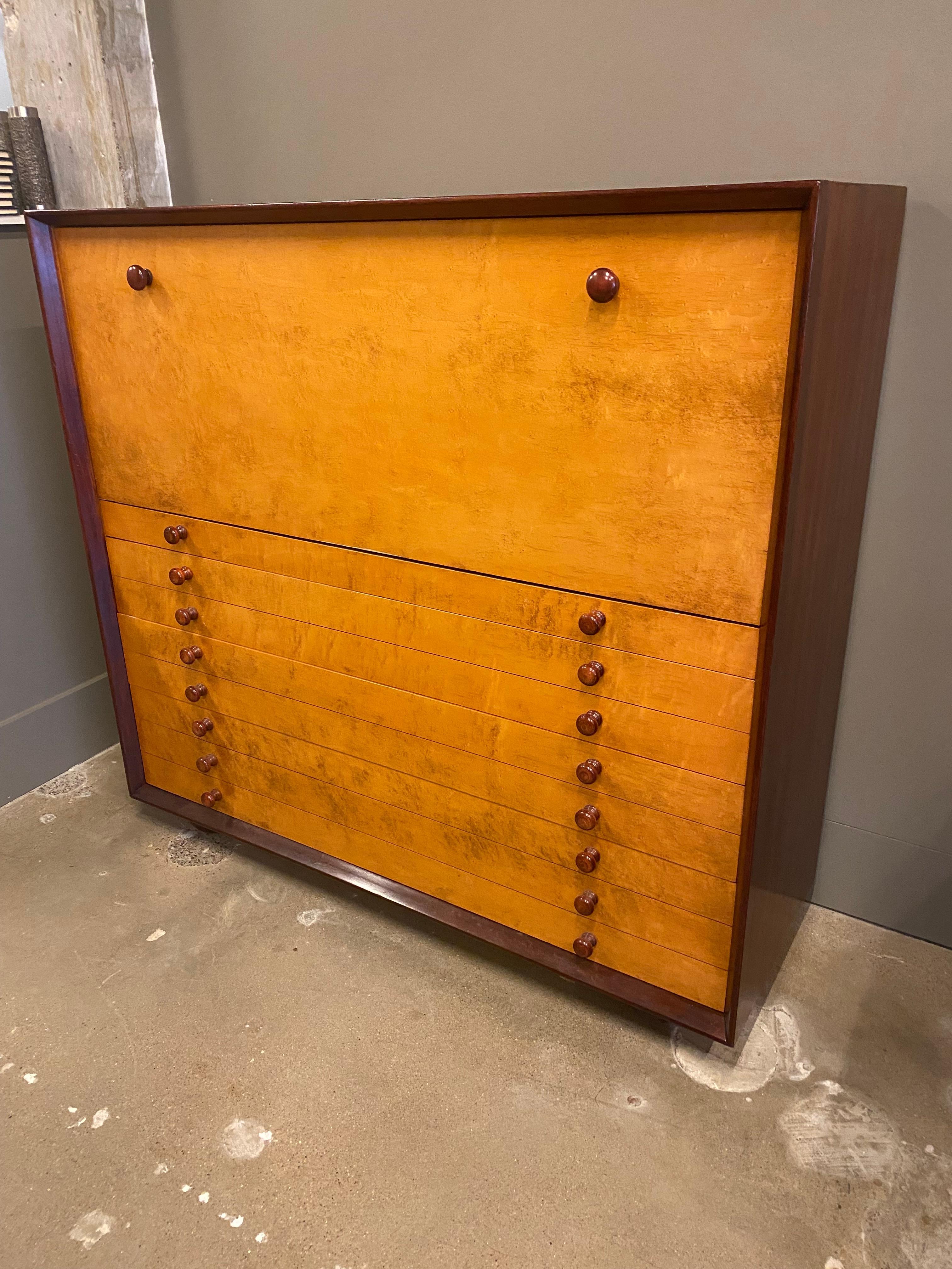 American Burled Maple Cabinet Secretary with Drawers / Flat File, USA, 1960's For Sale
