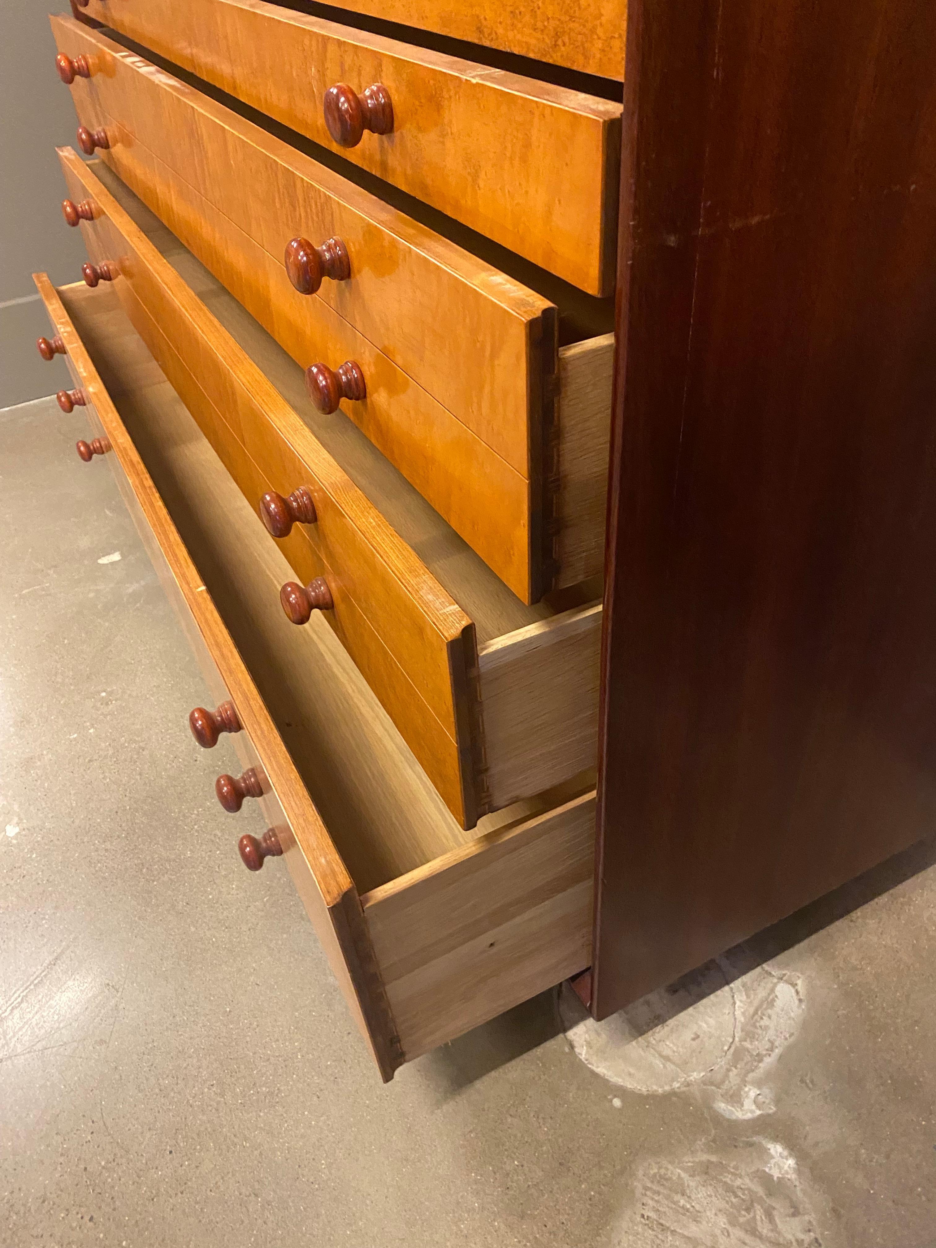 Burled Maple Cabinet Secretary with Drawers / Flat File, USA, 1960's In Good Condition For Sale In Austin, TX