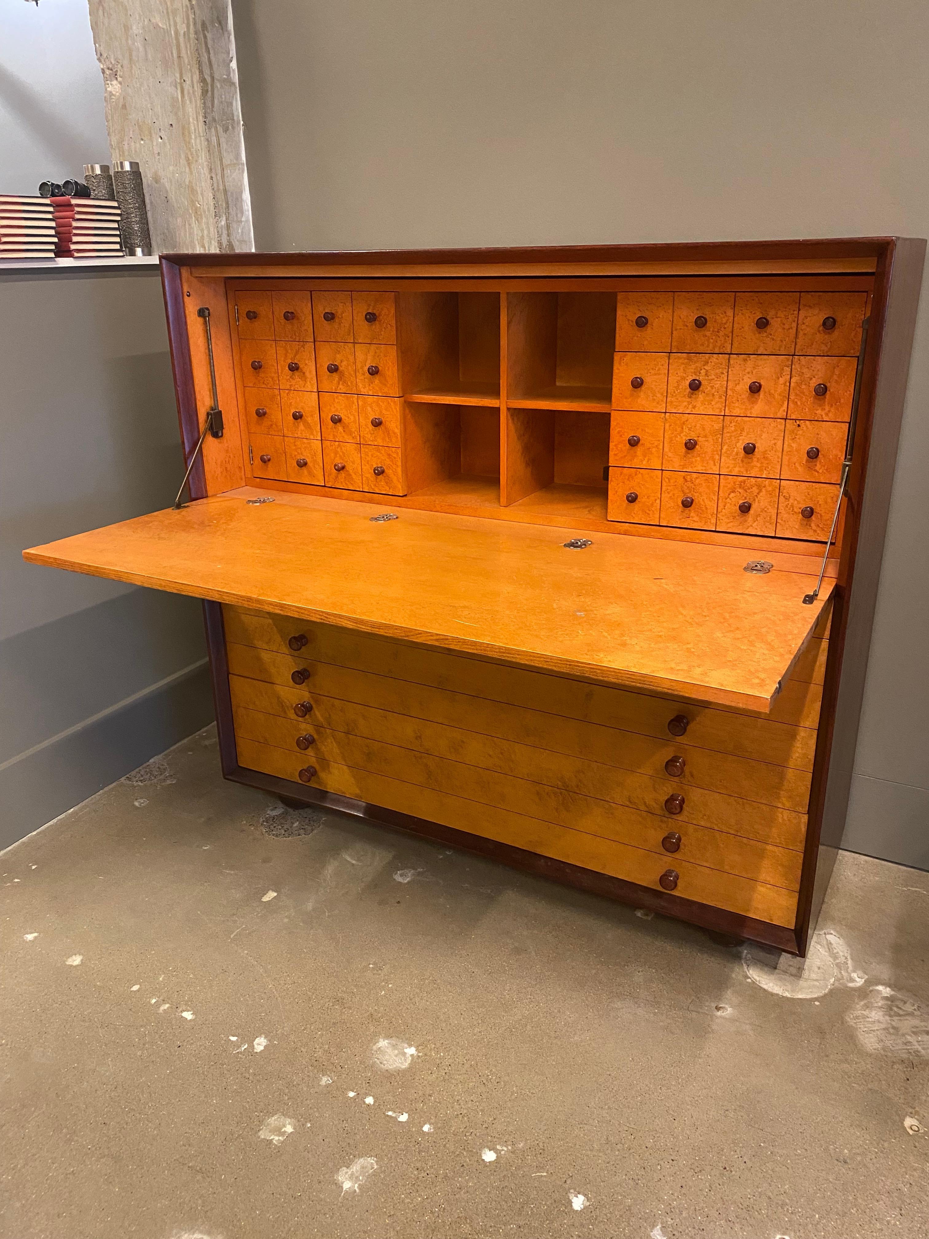 Mid-20th Century Burled Maple Cabinet Secretary with Drawers / Flat File, USA, 1960's For Sale