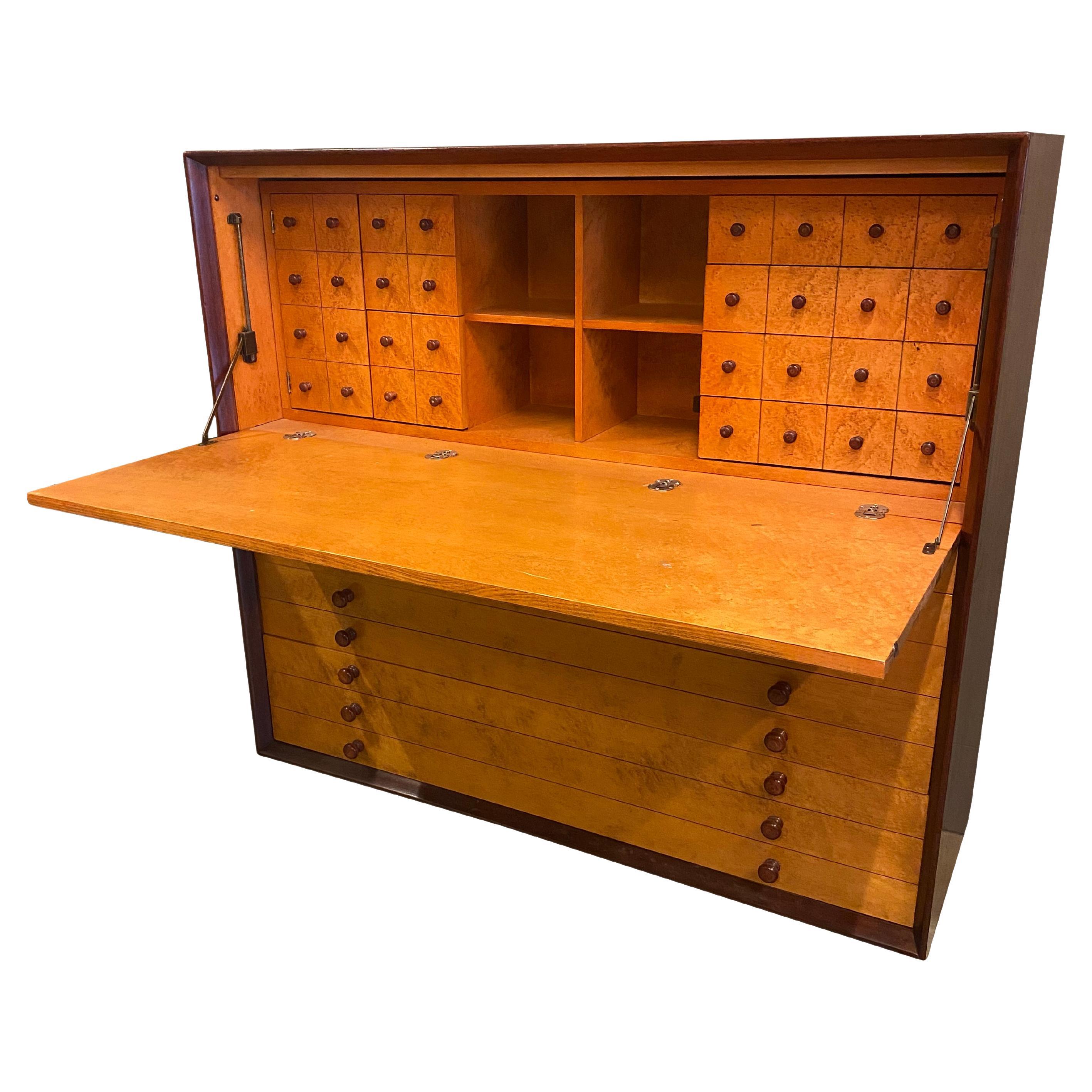 Burled Maple Cabinet Secretary with Drawers / Flat File, USA, 1960's For Sale