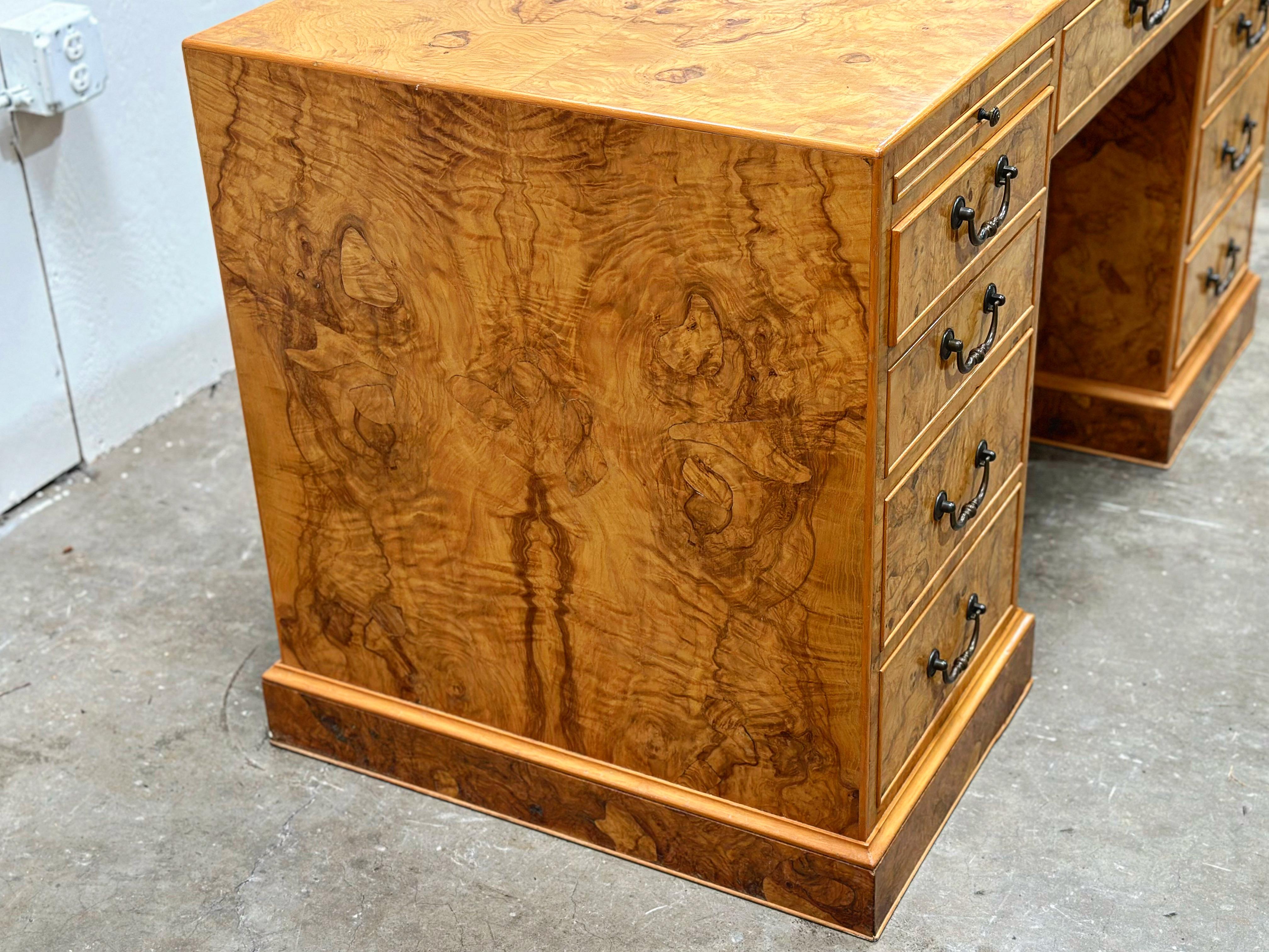 Burled Olive Wood Executive Desk - Vintage Campaign Double Pedestal Partner 3