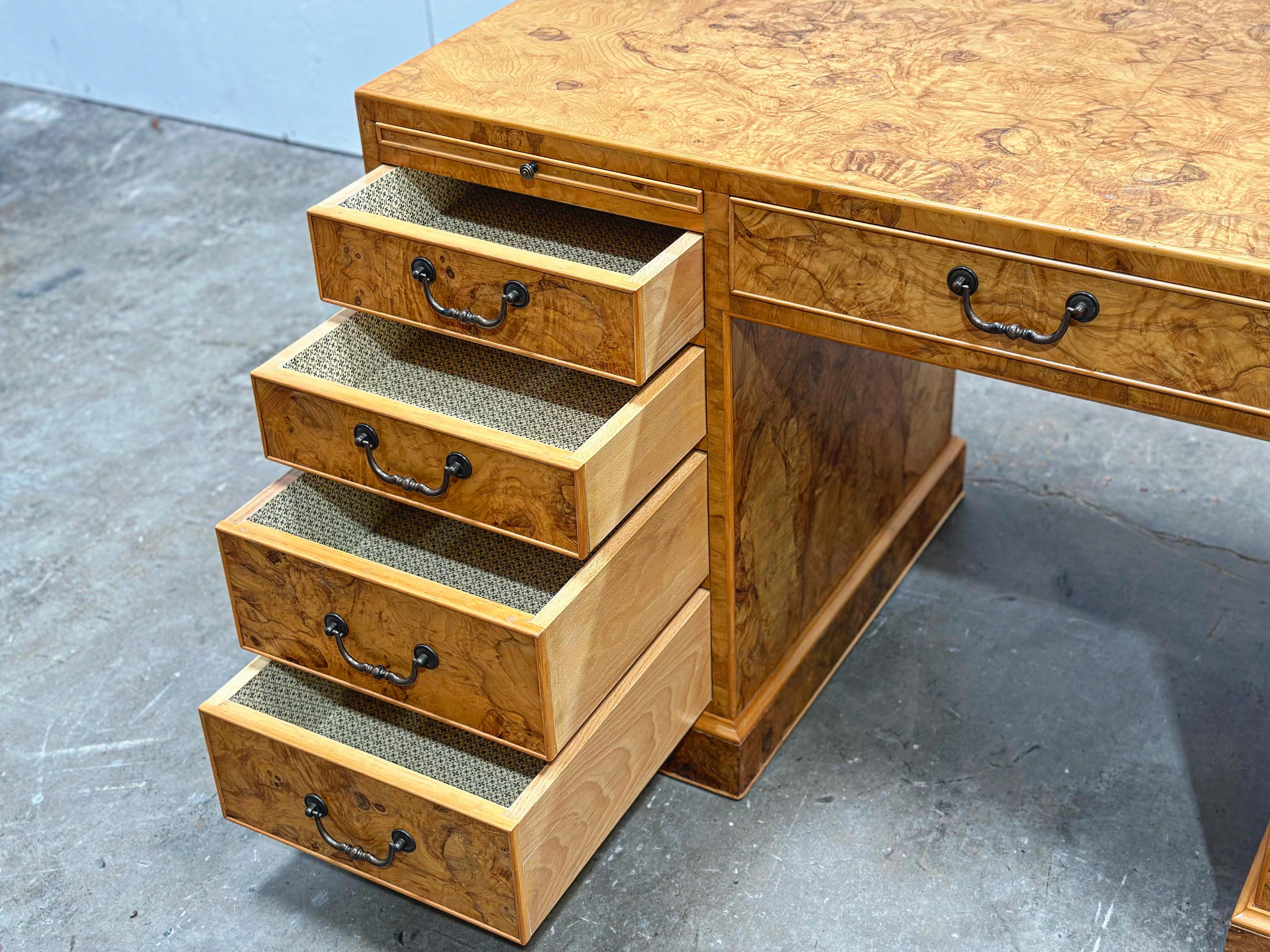 Burled Olive Wood Executive Desk - Vintage Campaign Double Pedestal Partner 5