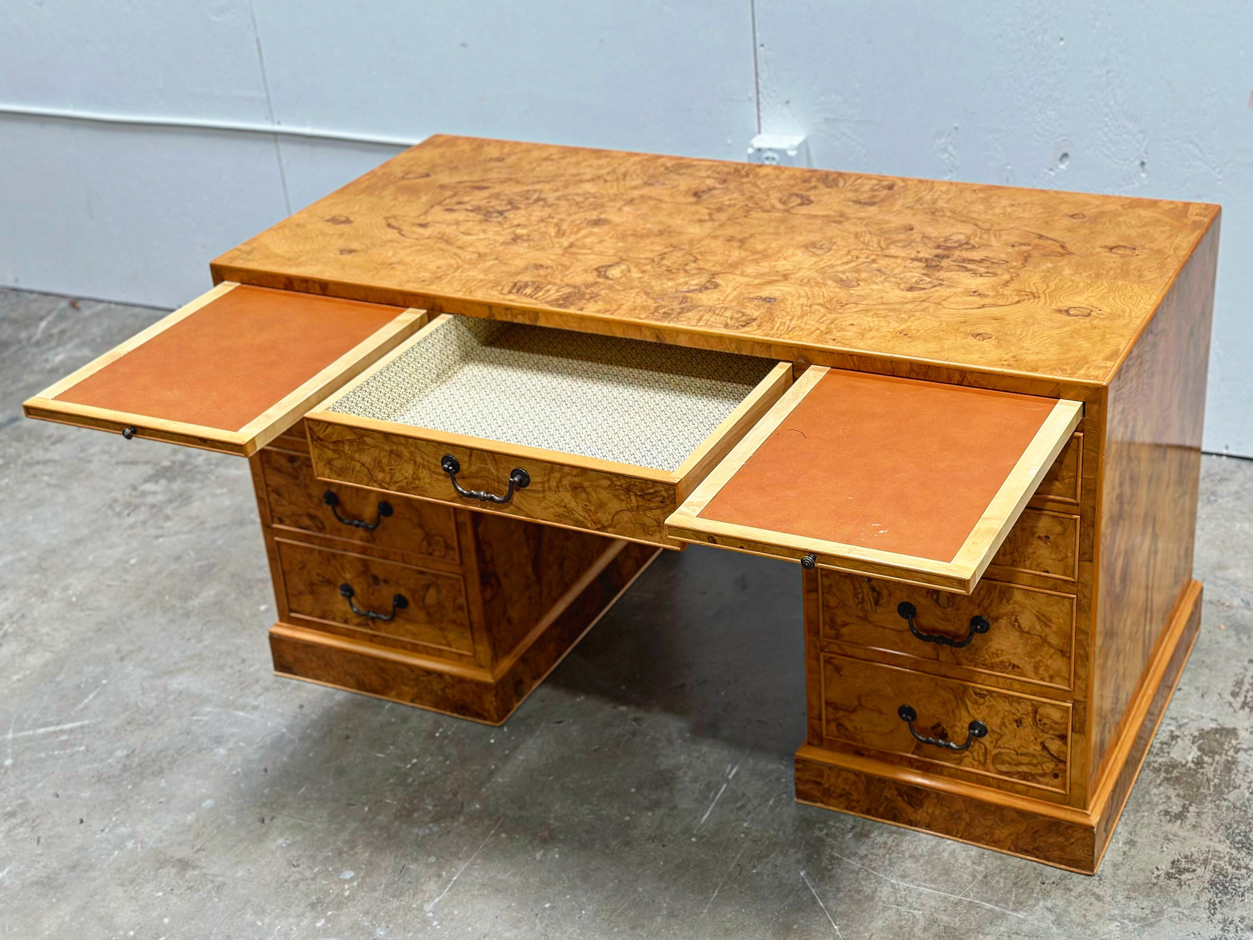 Burled Olive Wood Executive Desk - Vintage Campaign Double Pedestal Partner 7