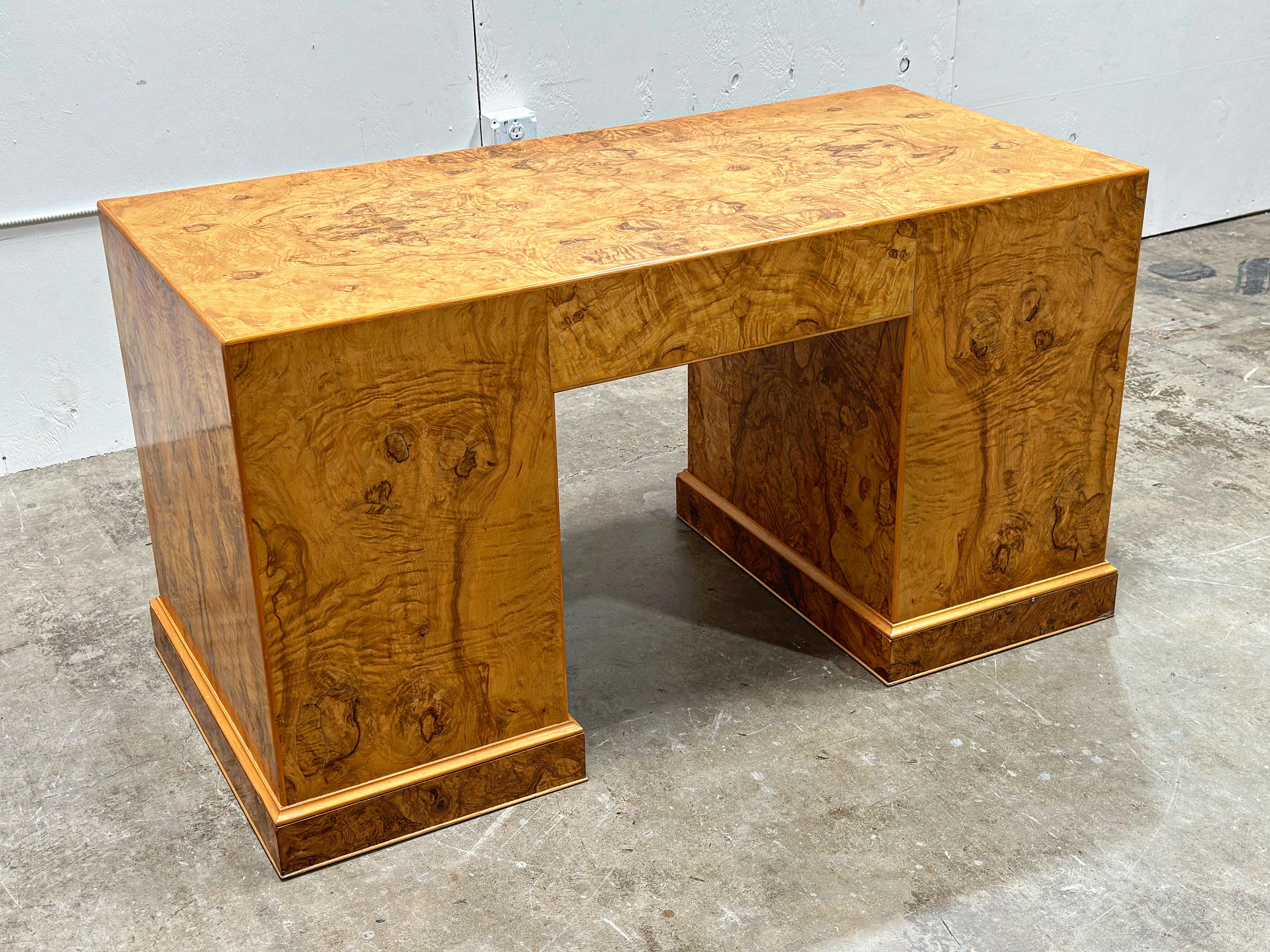 Burled Olive Wood Executive Desk - Vintage Campaign Double Pedestal Partner 8