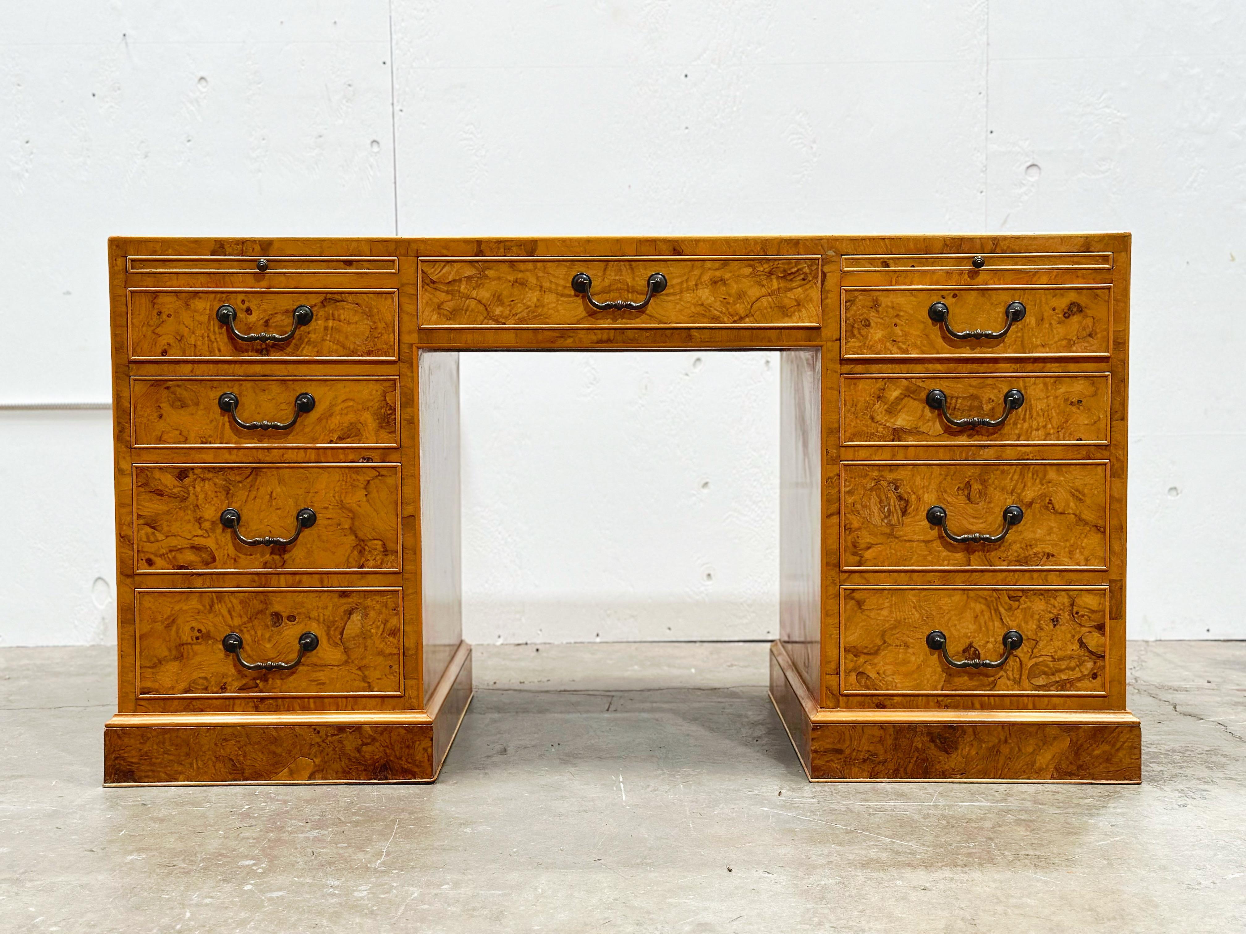 Burled Olive Wood Executive Desk - Vintage Campaign Double Pedestal Partner 10
