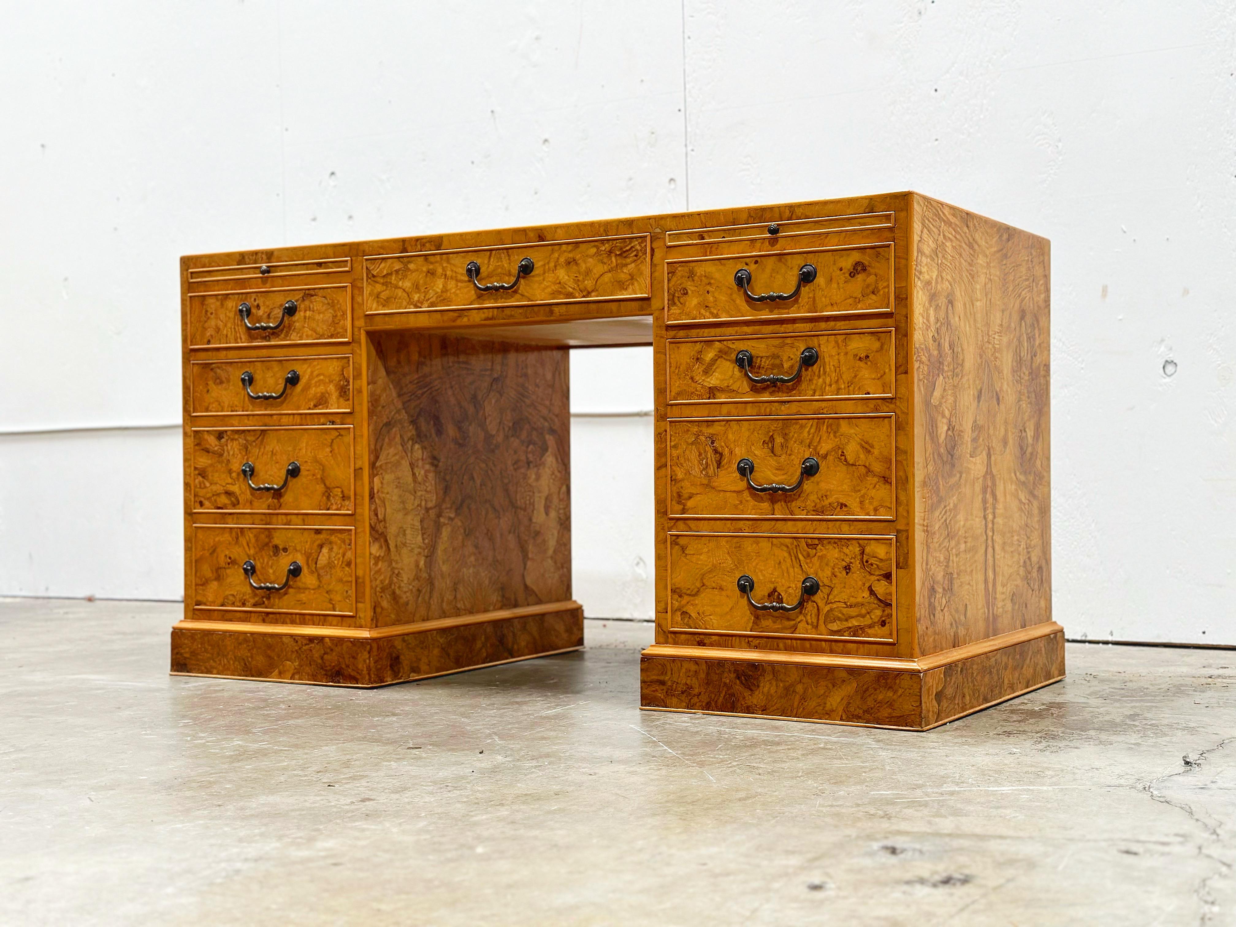 Burled Olive Wood Executive Desk - Vintage Campaign Double Pedestal Partner 11