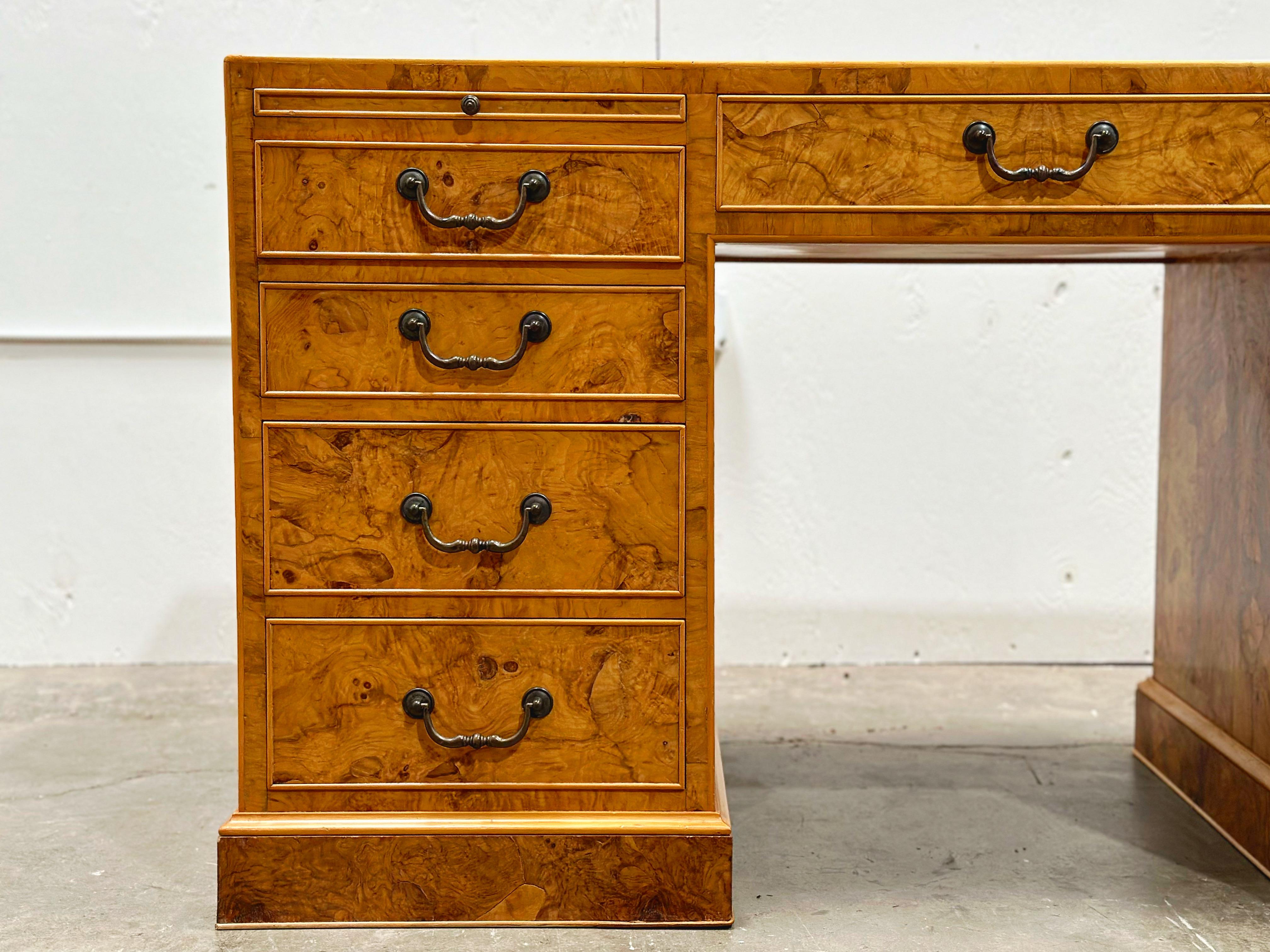North American Burled Olive Wood Executive Desk - Vintage Campaign Double Pedestal Partner