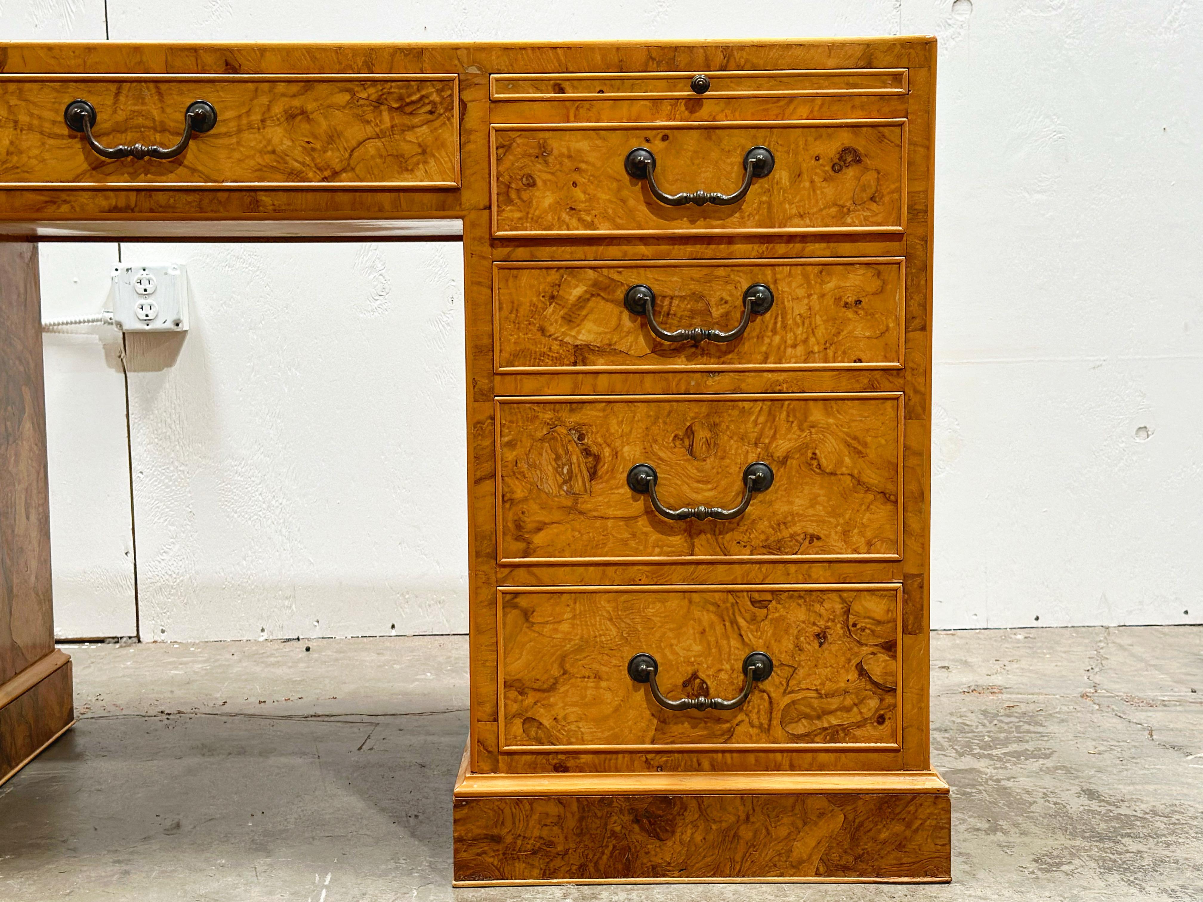 Burled Olive Wood Executive Desk - Vintage Campaign Double Pedestal Partner In Good Condition In Decatur, GA