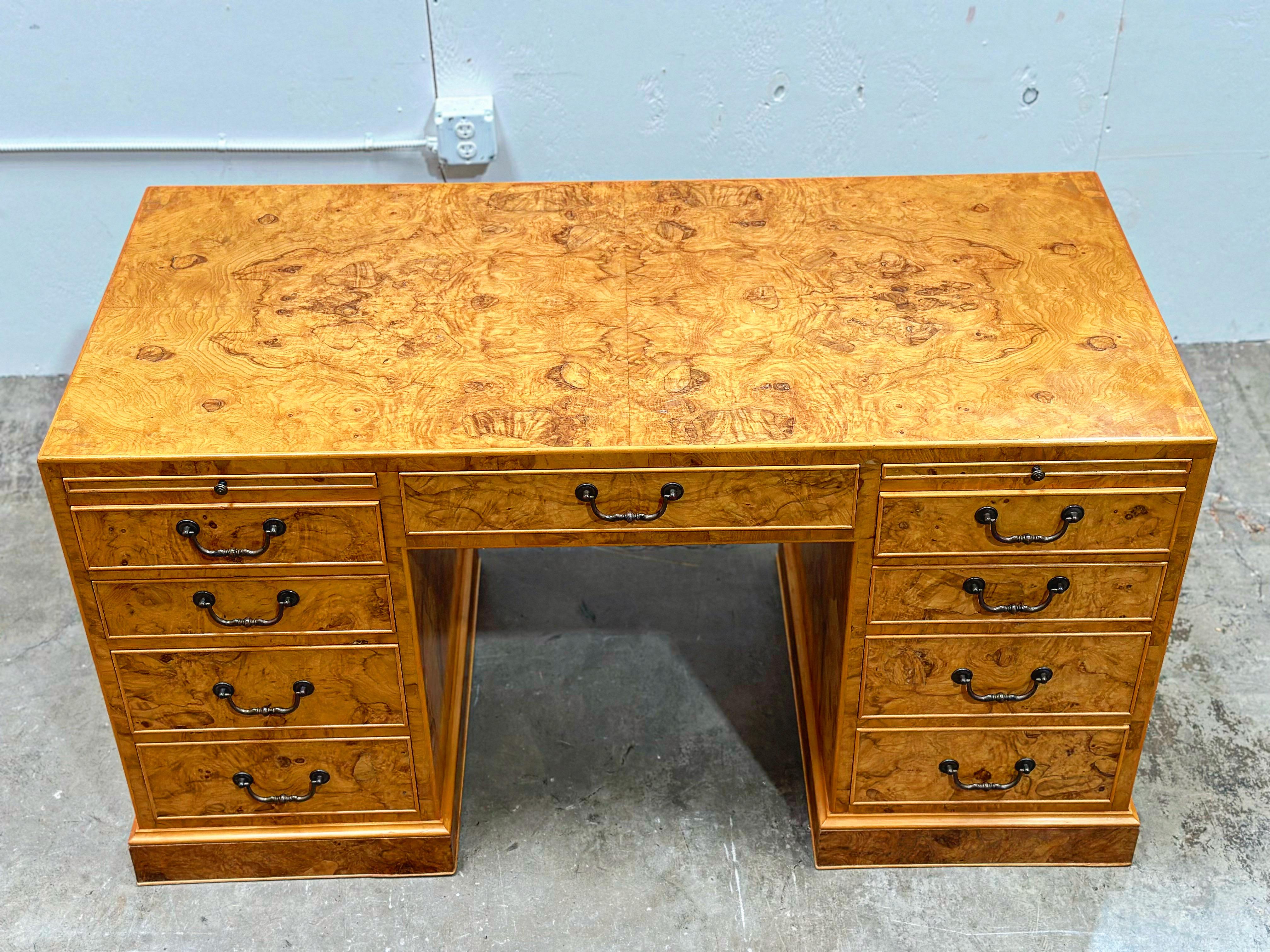 Late 20th Century Burled Olive Wood Executive Desk - Vintage Campaign Double Pedestal Partner