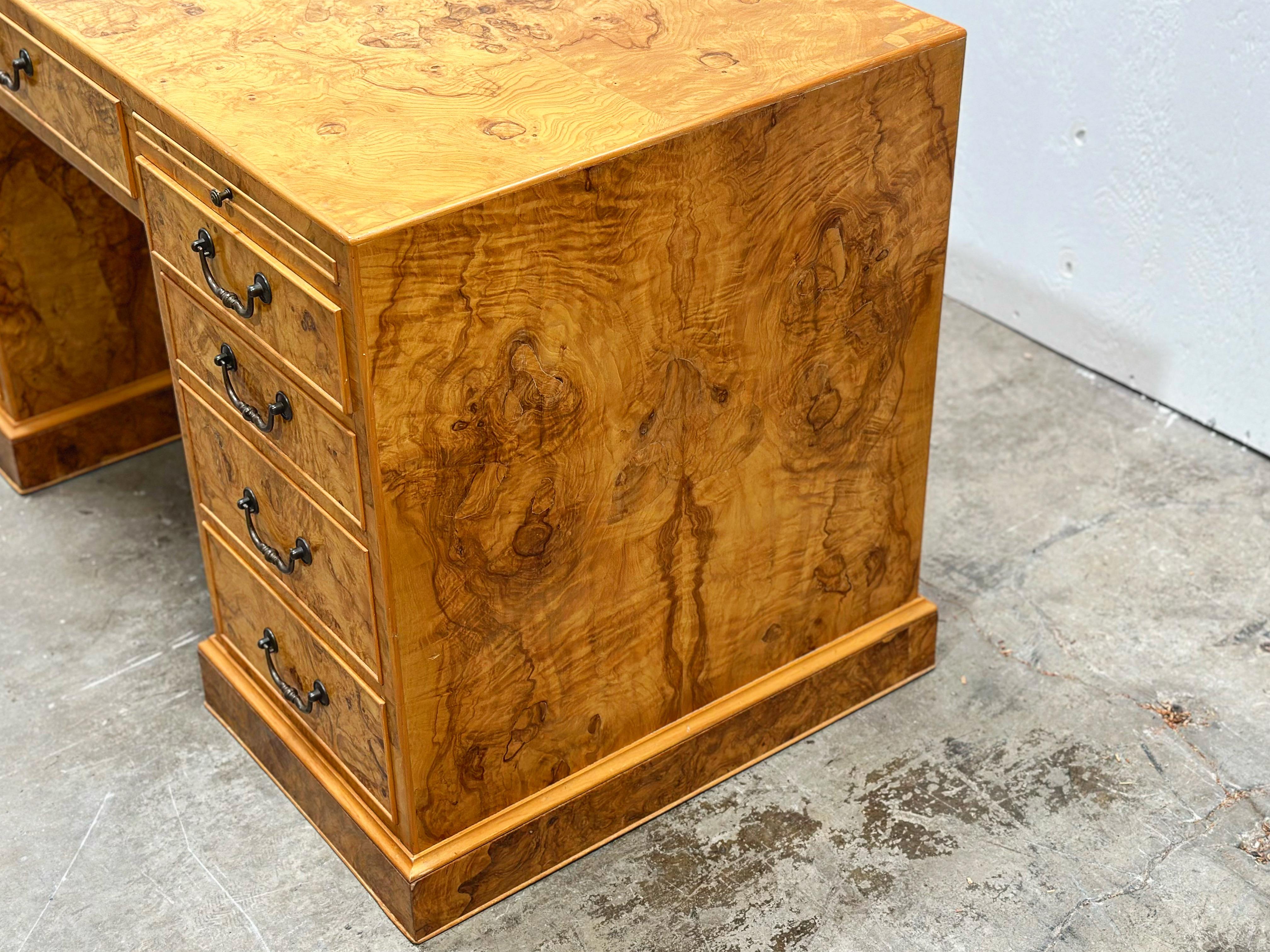 Brass Burled Olive Wood Executive Desk - Vintage Campaign Double Pedestal Partner