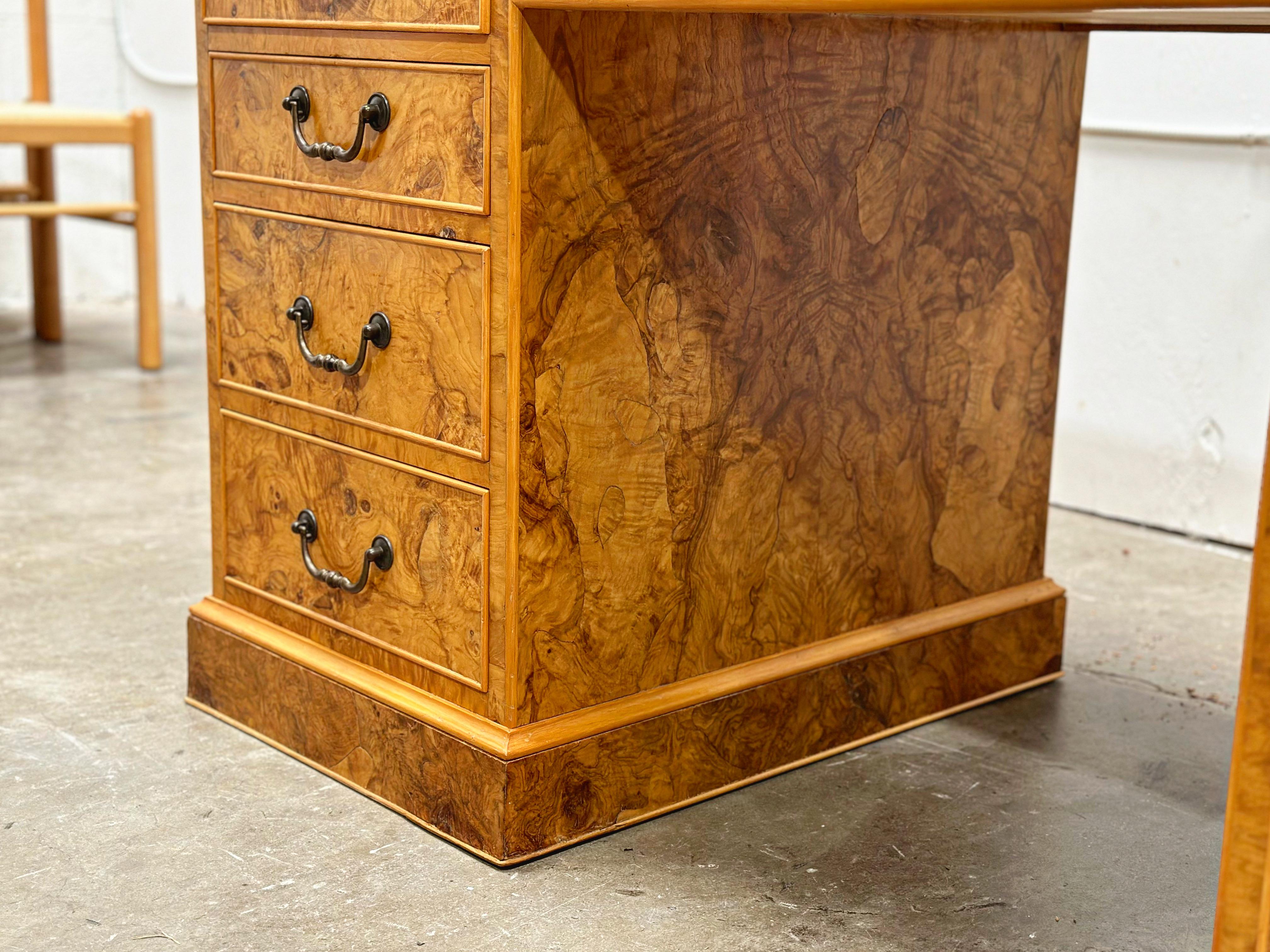 Burled Olive Wood Executive Desk - Vintage Campaign Double Pedestal Partner 1