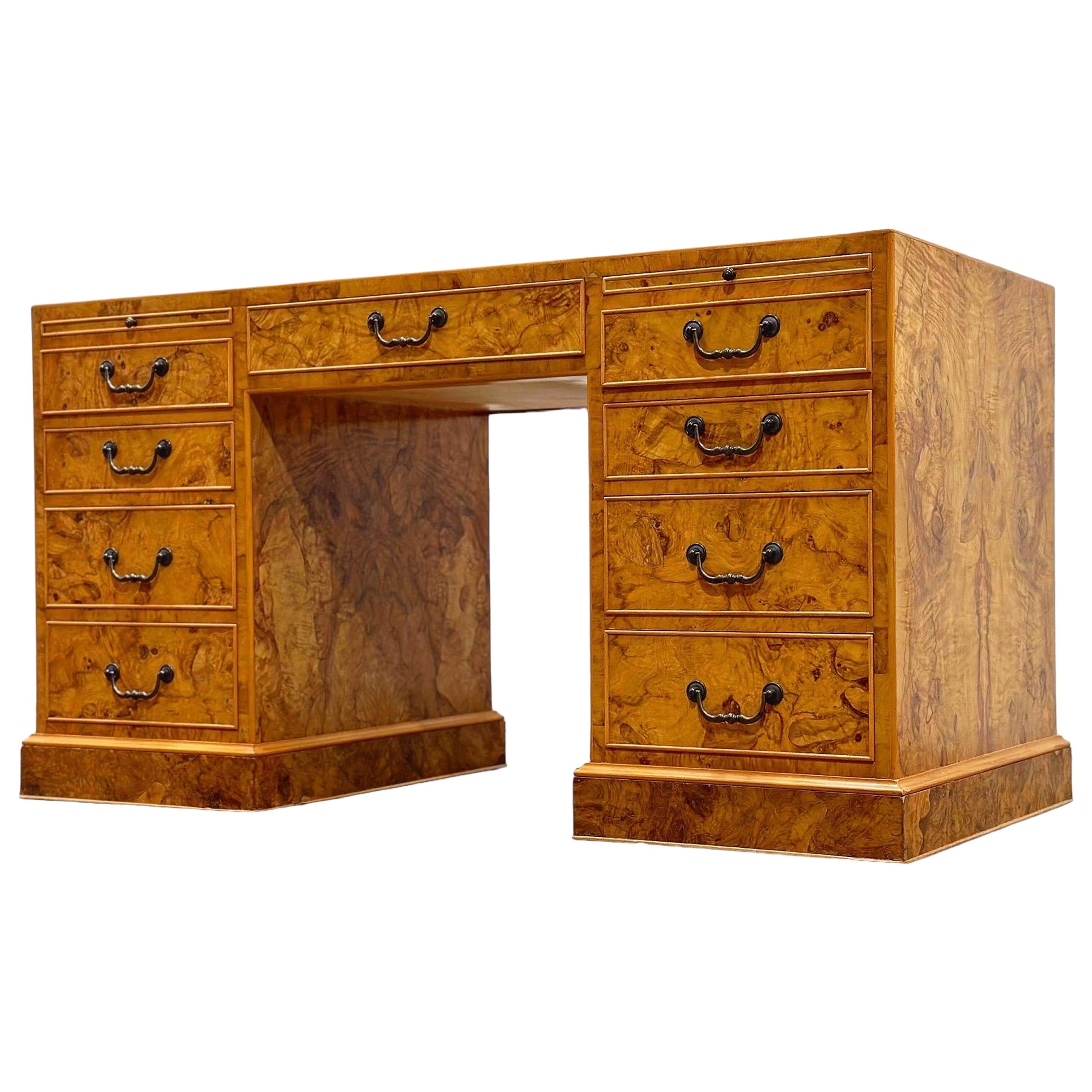 Burled Olive Wood Executive Desk - Vintage Campaign Double Pedestal Partner