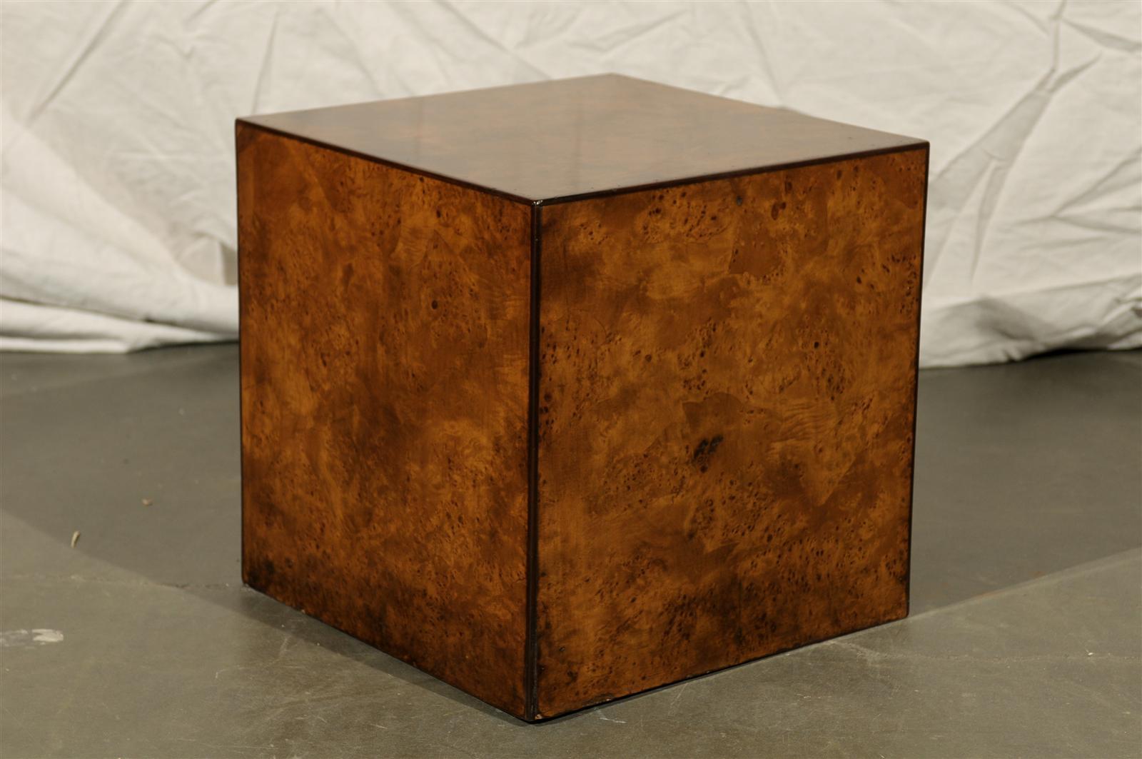 Burled olivewood cube side table, circa 1970s.