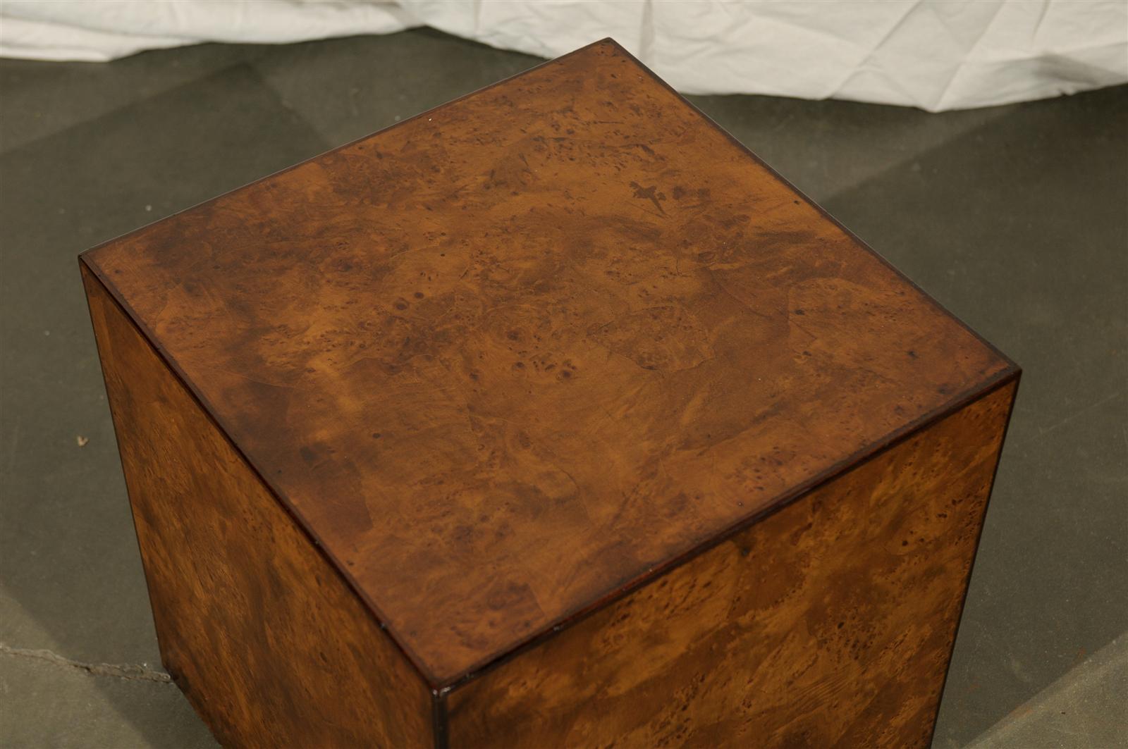 Wood Burled Olivewood Cube Side Table, circa 1970s For Sale