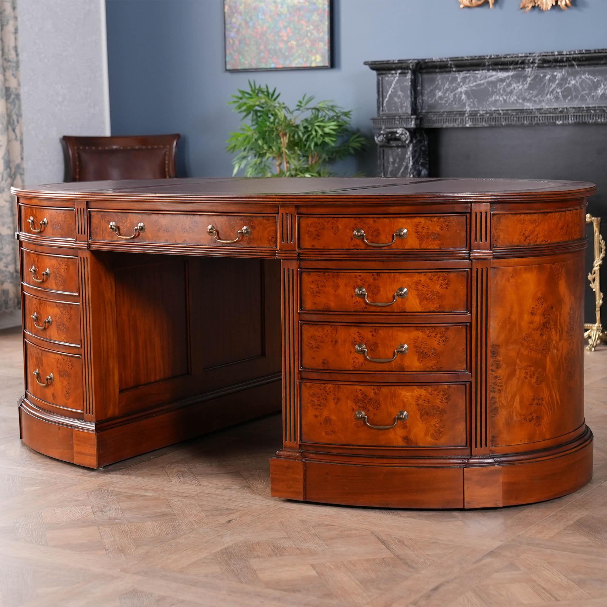Hand-Carved Burled Oval Partners Desk For Sale