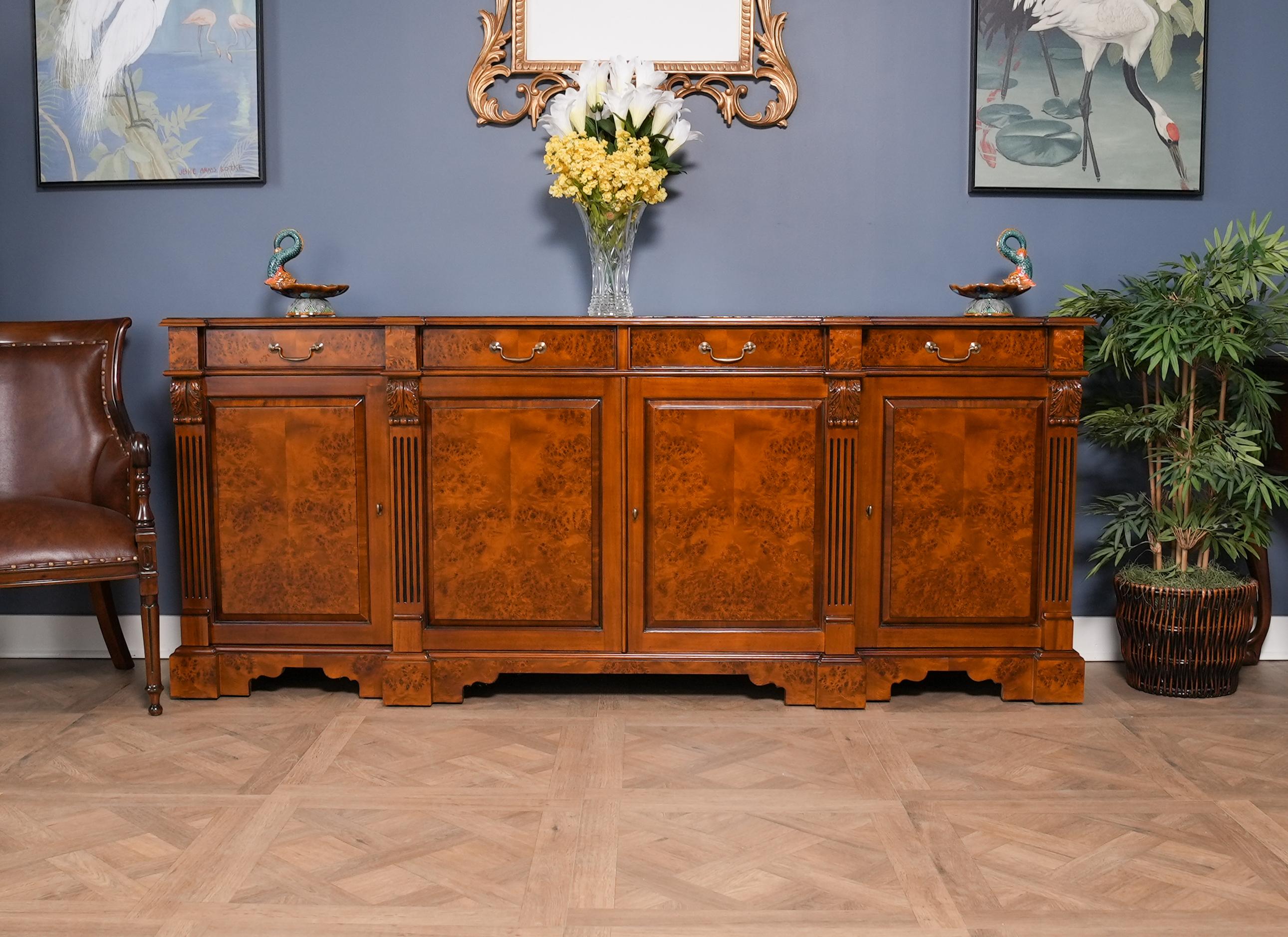 The Burled Penhurst Sideboard is a great addition to the dining room or office. A matching china closet and other associated pieces in the Penhurst family allow you to decorate an entire room in this style. The Burled Penhurst Sideboard features