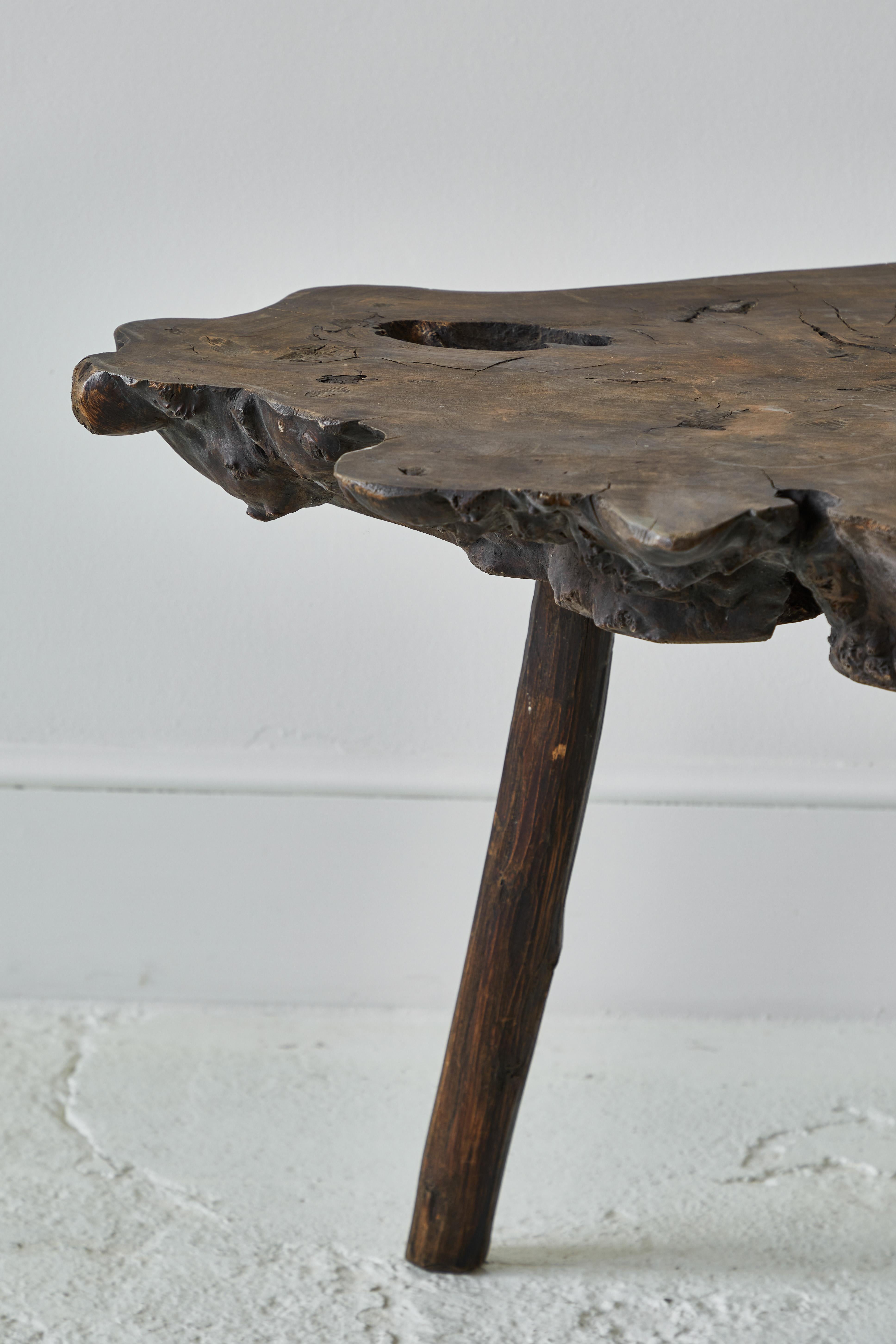 Mid-20th Century Burled Three-Legged Rustic Root Table
