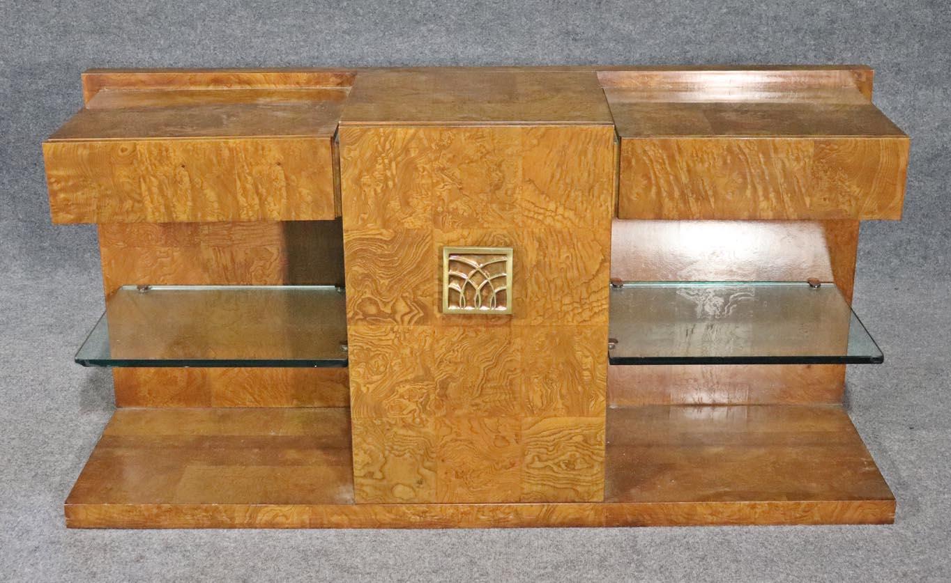 Art Deco Burled Walnut and Brass Art deco Style Console Cabinet by Century 
