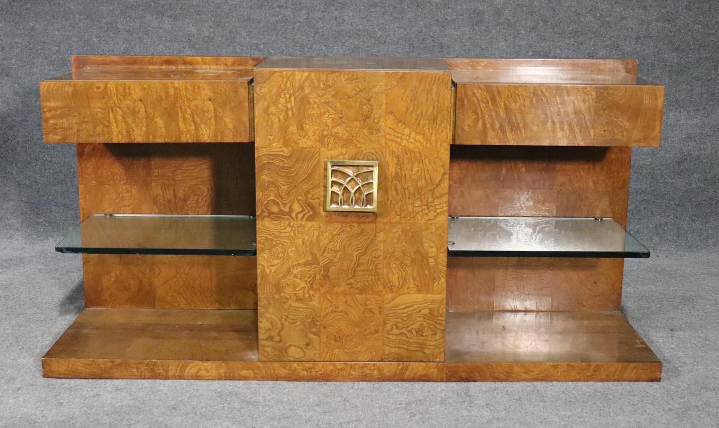 American Burled Walnut and Brass Art deco Style Console Cabinet by Century 