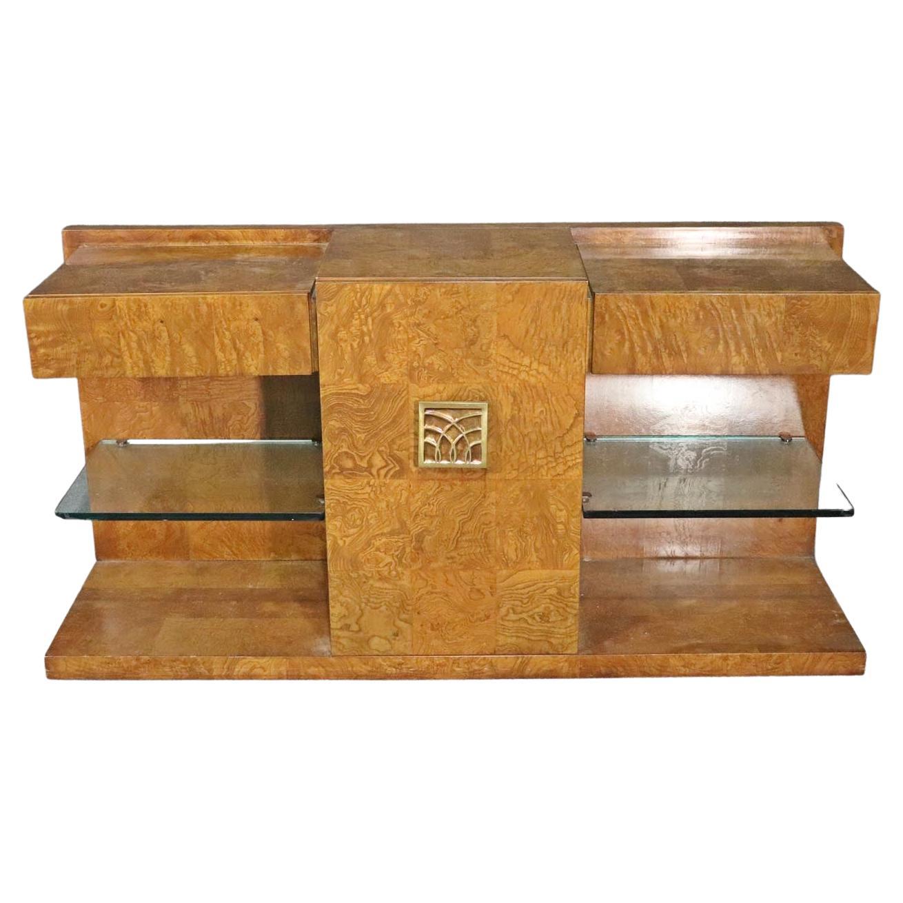 Burled Walnut and Brass Art deco Style Console Cabinet by Century 