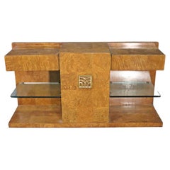 Burled Walnut and Brass Art deco Style Console Cabinet by Century 