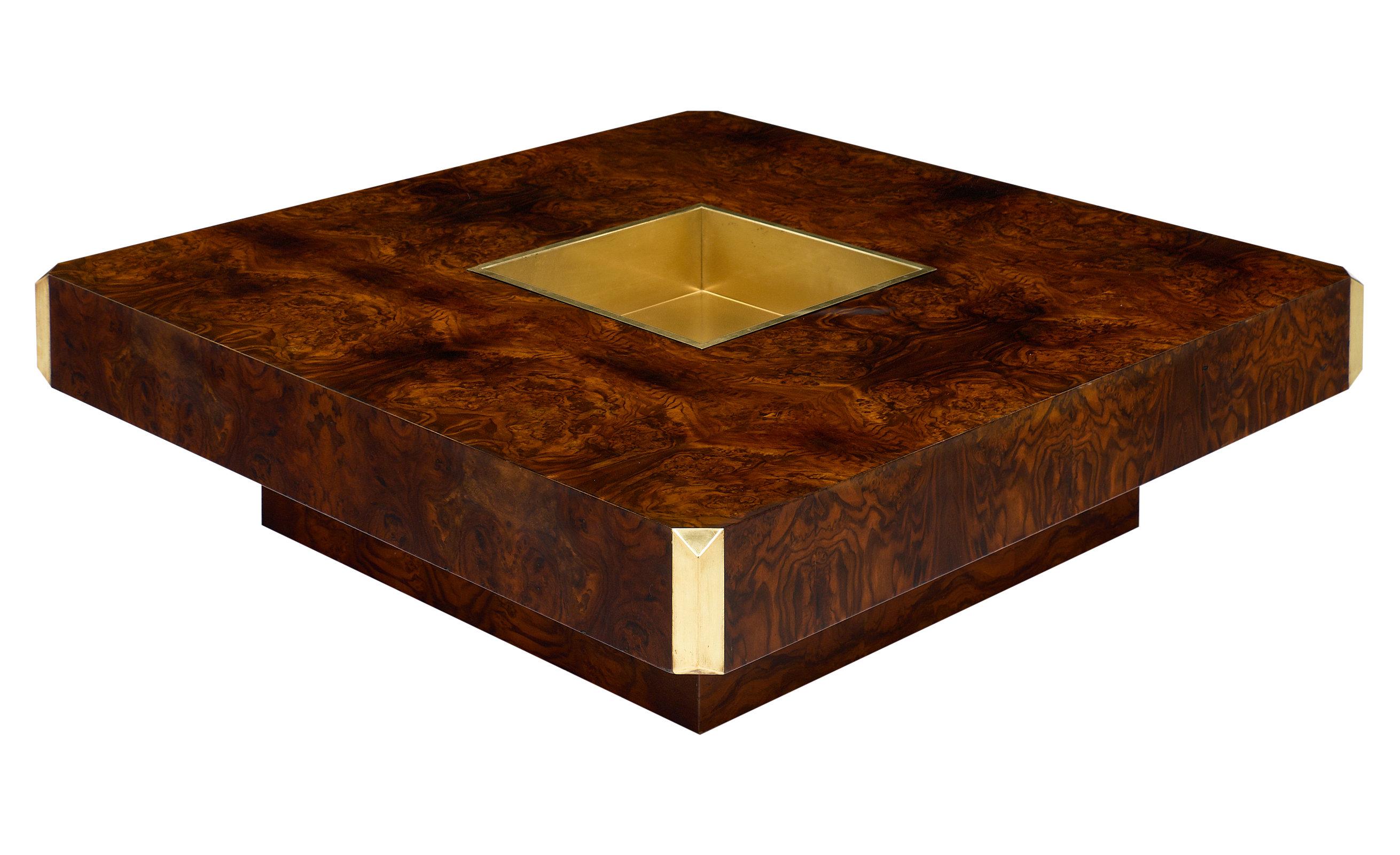 Modern Burled Walnut and Brass Coffee Table by Willy Rizzo