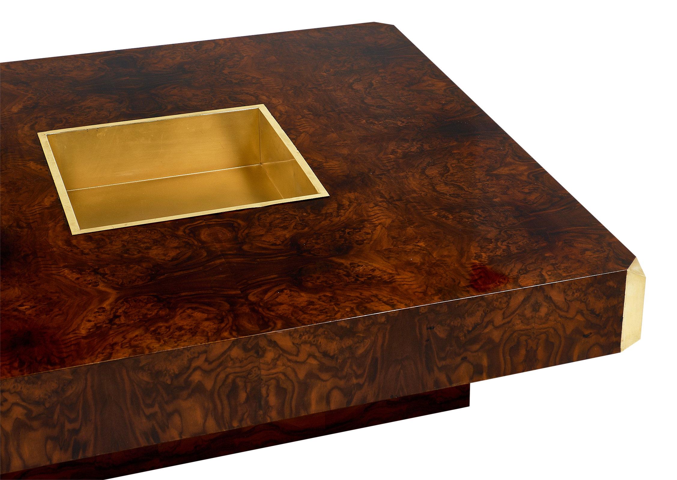 French Burled Walnut and Brass Coffee Table by Willy Rizzo
