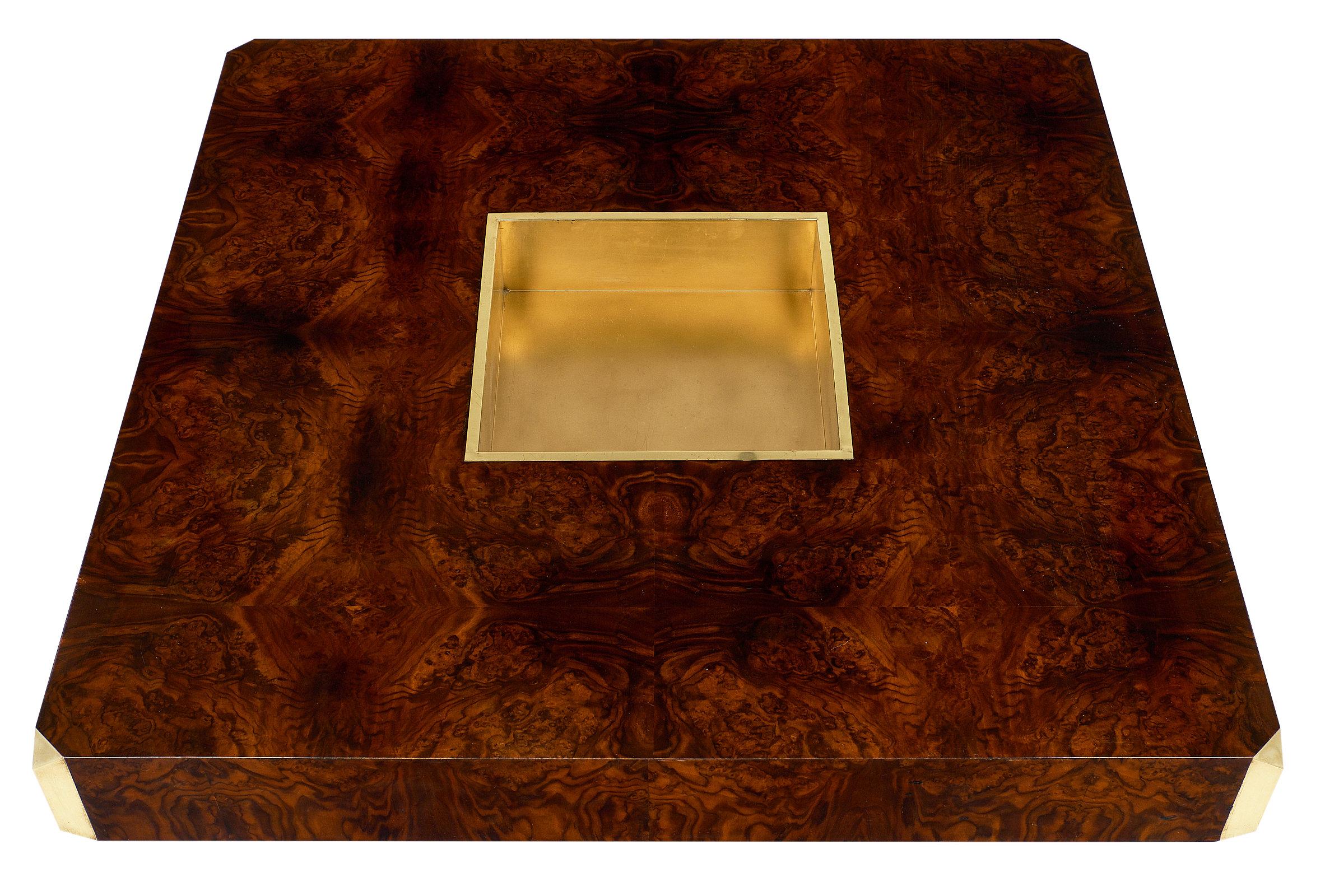 Burled Walnut and Brass Coffee Table by Willy Rizzo In Excellent Condition In Austin, TX