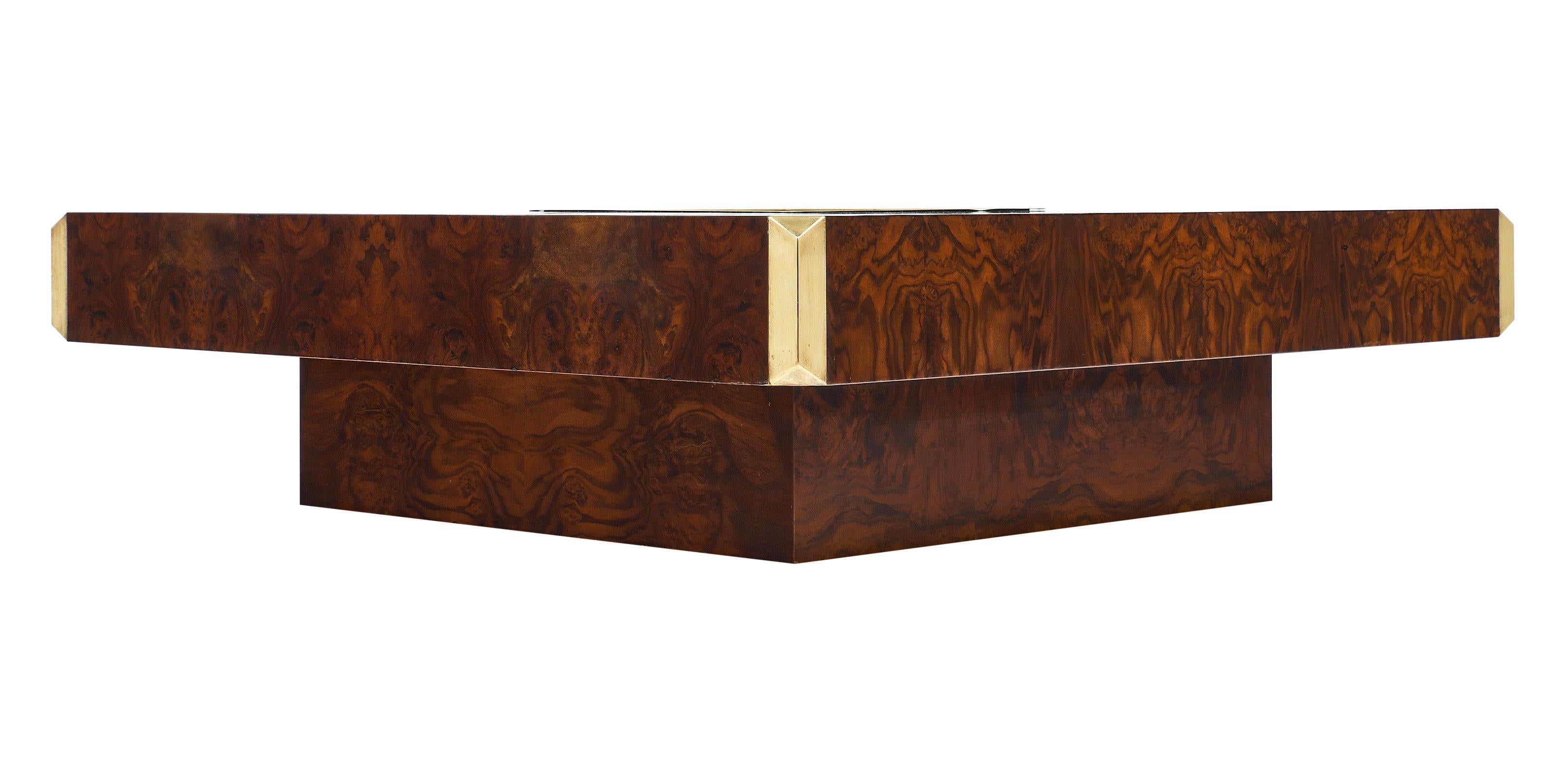 Burled Walnut and Brass Coffee Table by Willy Rizzo 3