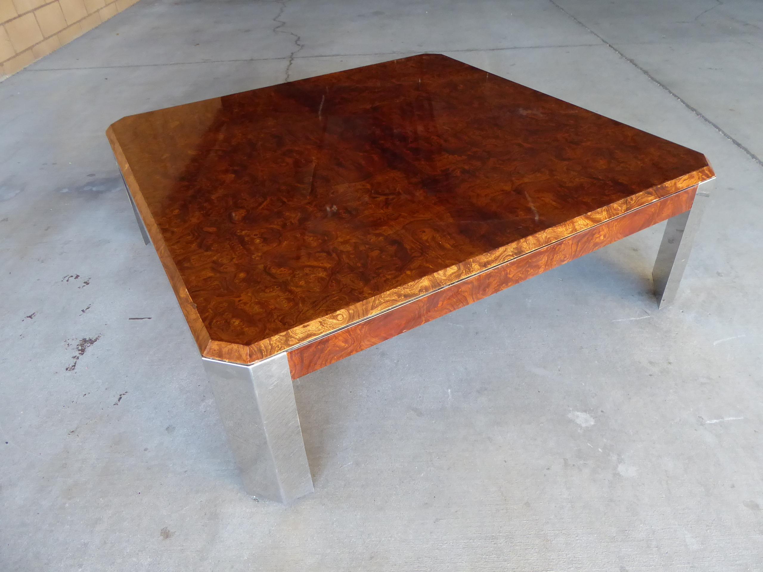 American Burled Walnut and Chromed Steel Coffee Table Designed by Leon Rosen for Pace For Sale