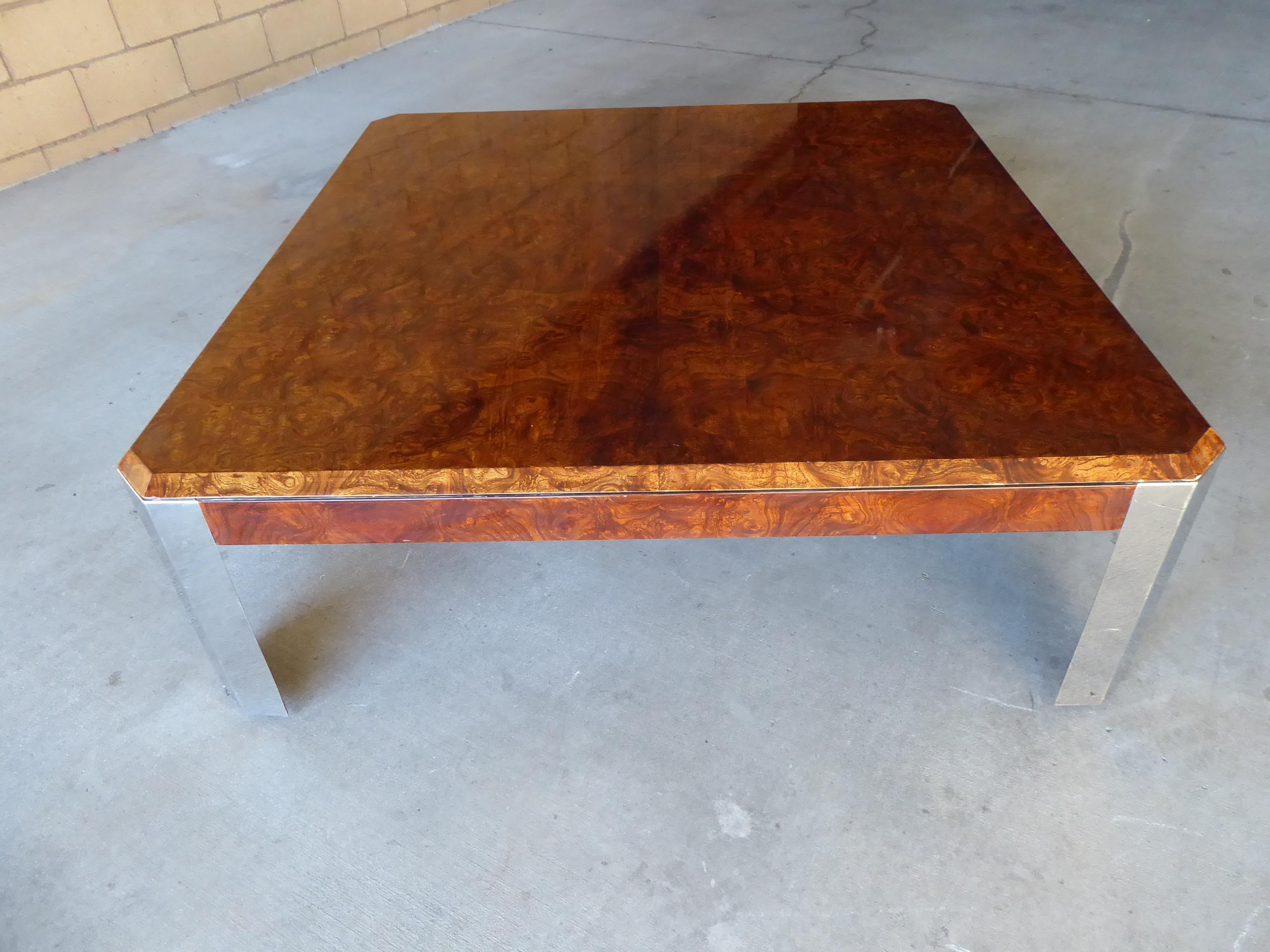 Plated Burled Walnut and Chromed Steel Coffee Table Designed by Leon Rosen for Pace For Sale