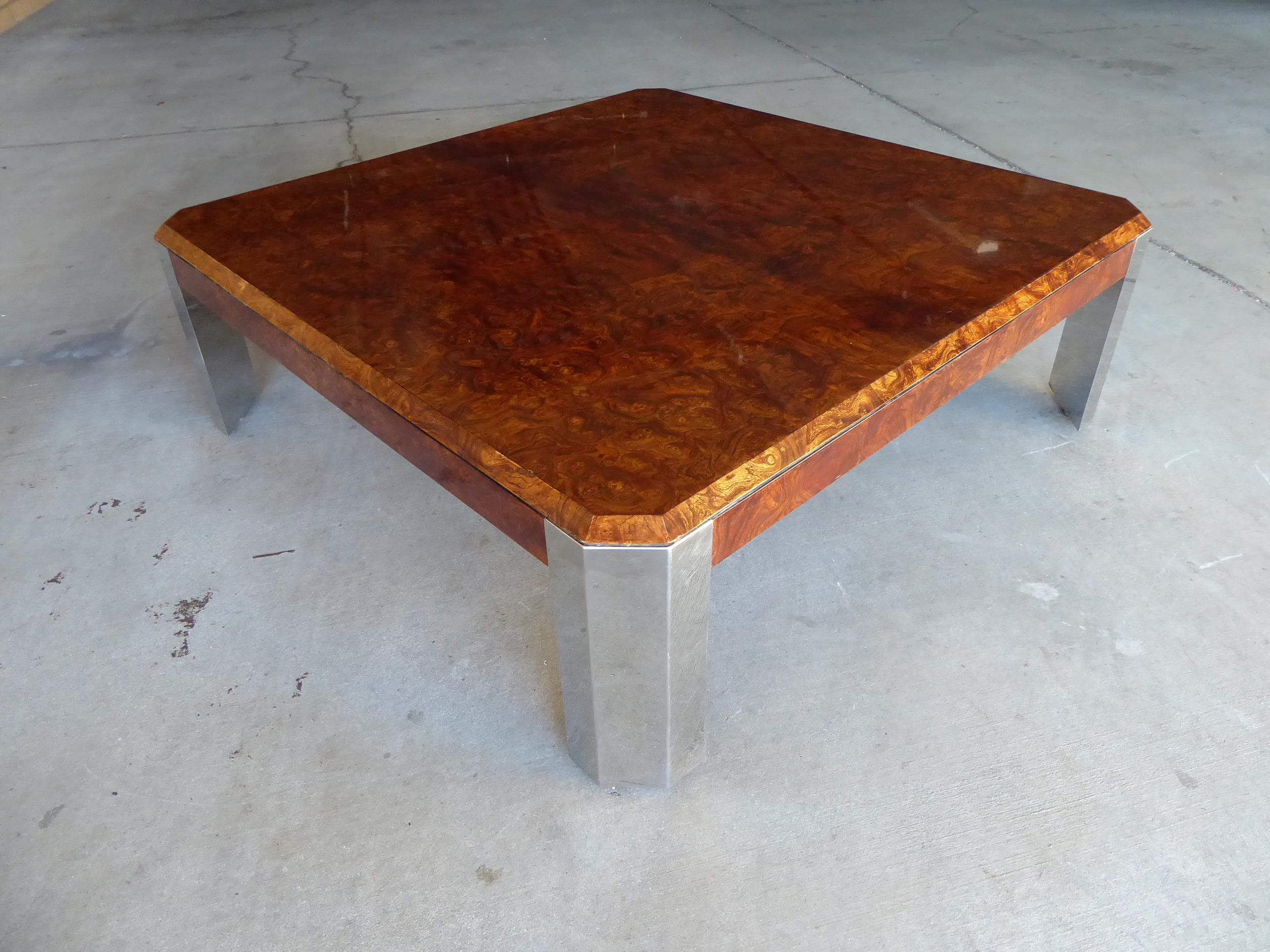 Burled Walnut and Chromed Steel Coffee Table Designed by Leon Rosen for Pace In Excellent Condition For Sale In Palm Springs, CA