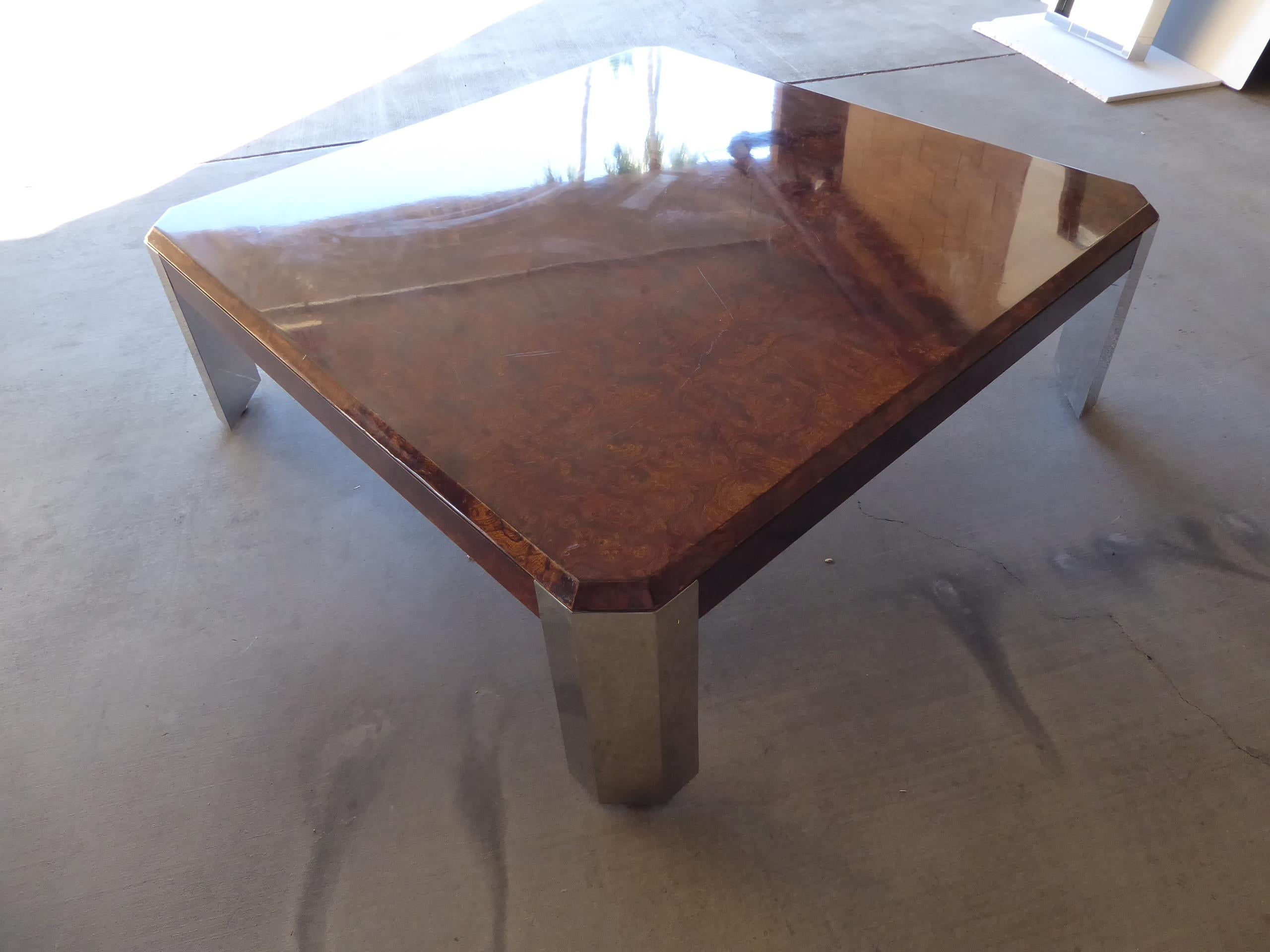 Burled Walnut and Chromed Steel Coffee Table Designed by Leon Rosen for Pace For Sale 2