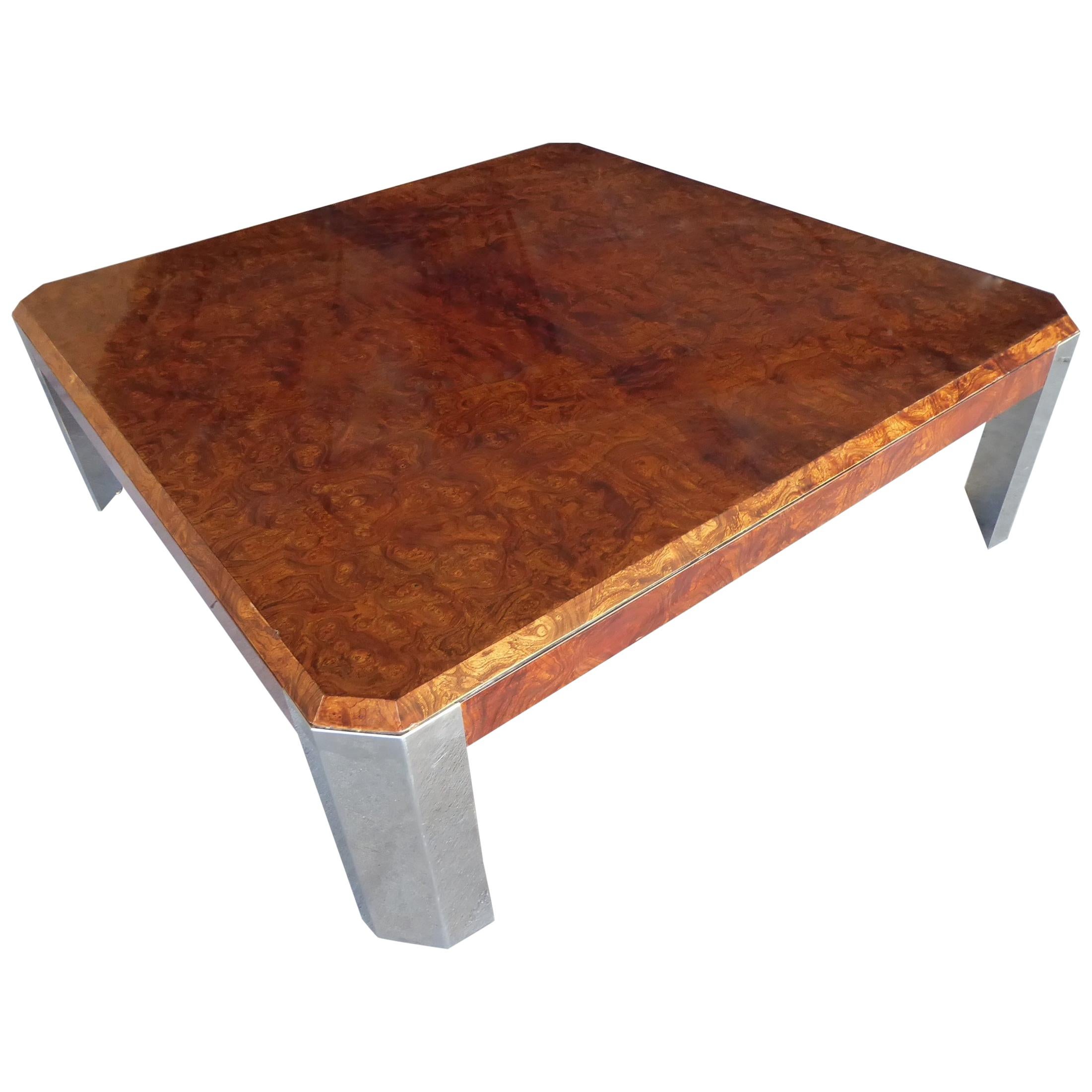 Burled Walnut and Chromed Steel Coffee Table Designed by Leon Rosen for Pace For Sale