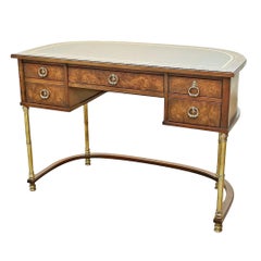 Retro Burled Walnut, Brass and Leather Top Demilune Desk by Sligh
