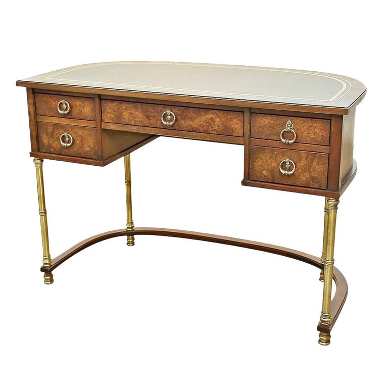 Burled Walnut Brass And Leather Top Demilune Desk By Sligh For
