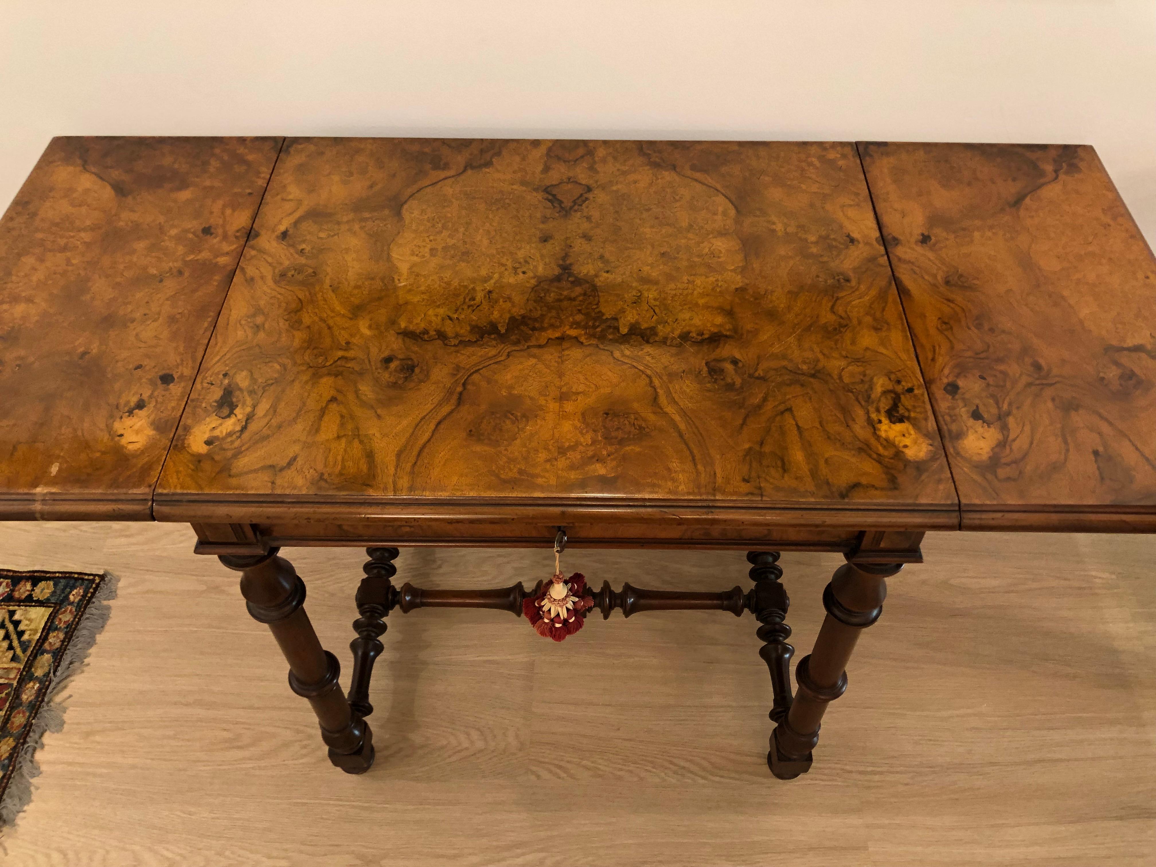 Wood  Burled Walnut Console Table with Two Drop Leaves For Sale