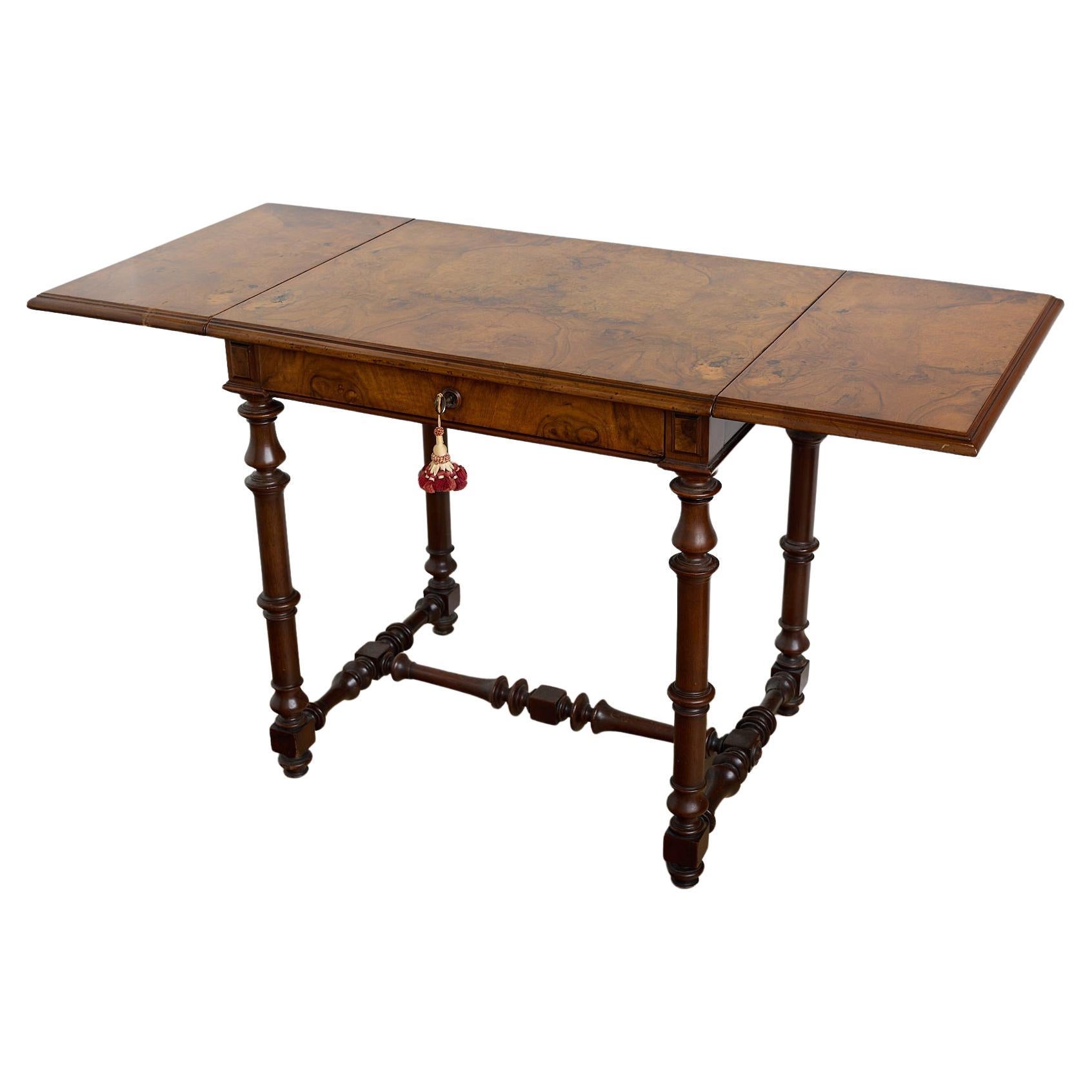  Burled Walnut Console Table with Two Drop Leaves For Sale