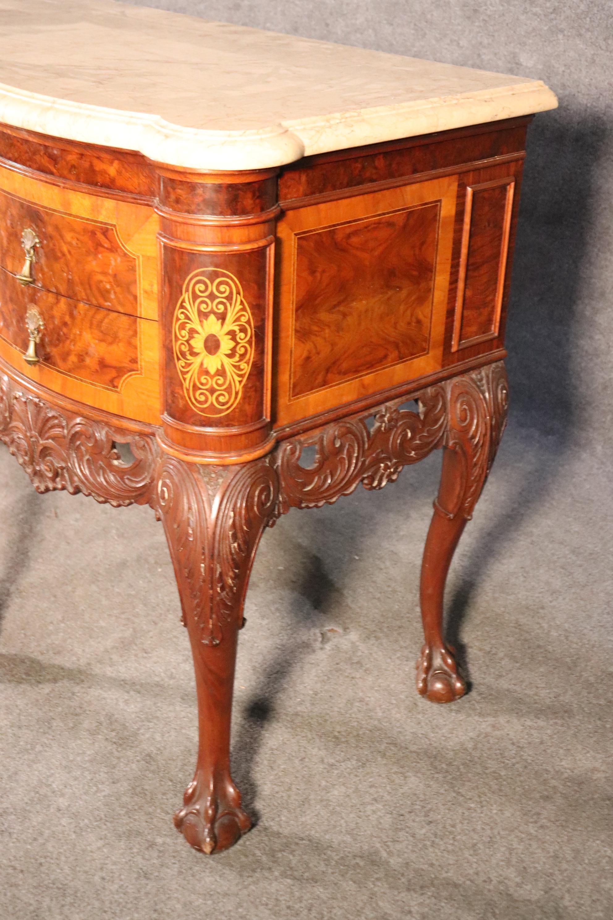 Burled Walnut Georgian Inlaid Ball and Claw Marble Top Sideboard Buffet Server In Good Condition In Swedesboro, NJ