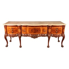 Burled Walnut Georgian Inlaid Ball and Claw Marble Top Sideboard Buffet Server