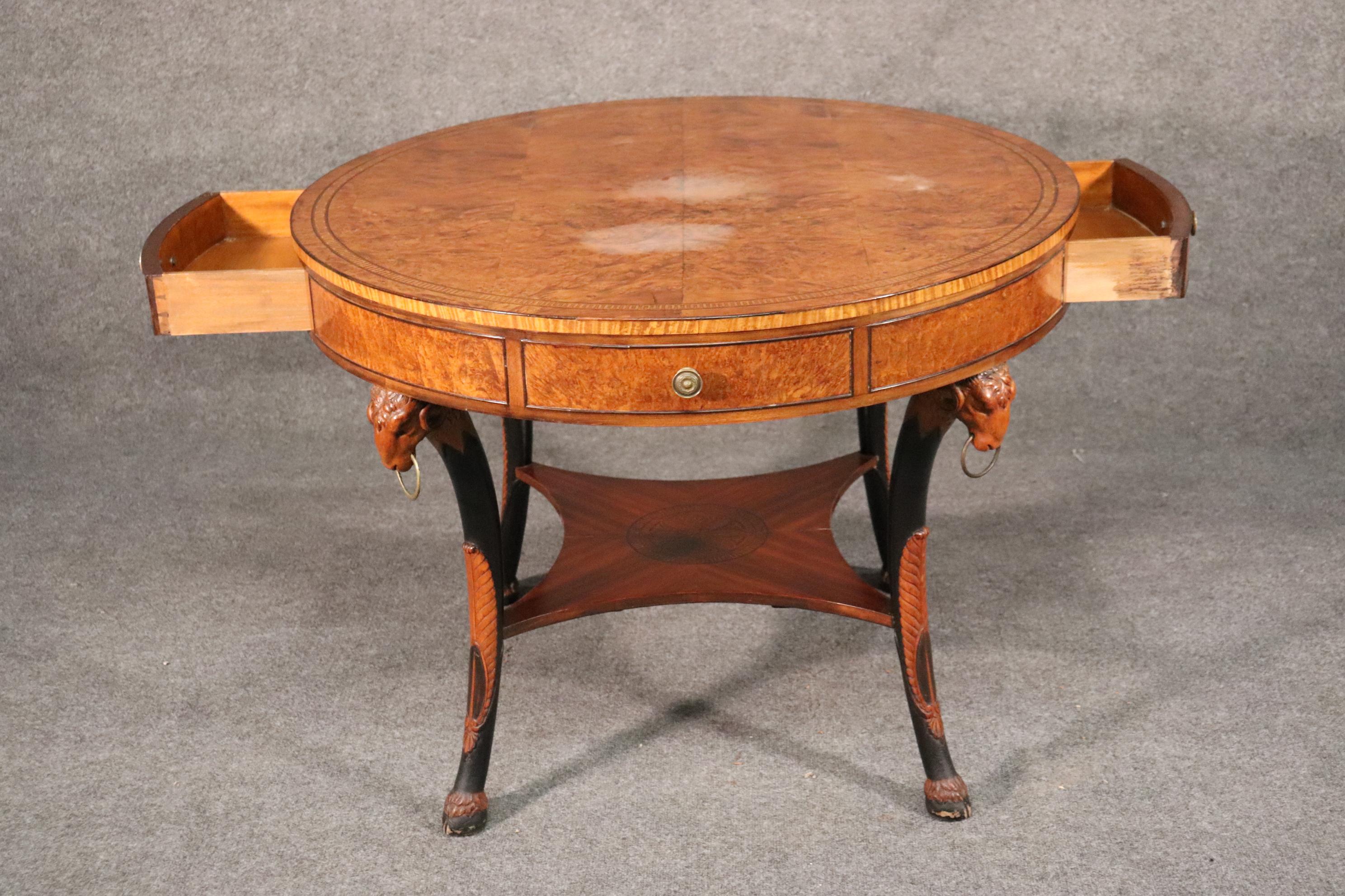 Burled Walnut Rams heads English Regency Center Table with Ebonized Accents In Good Condition In Swedesboro, NJ