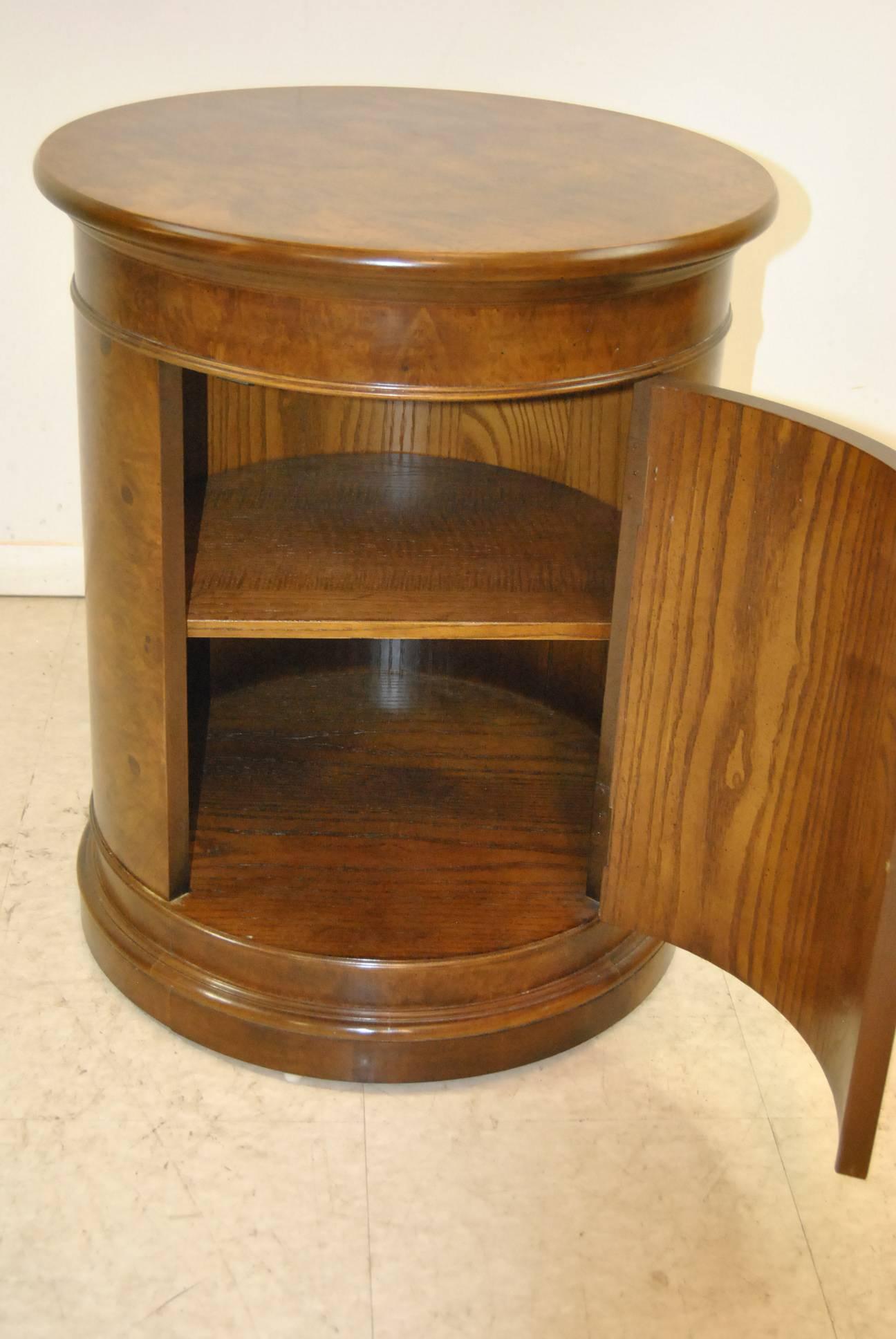 Modern Burled Walnut Round Pedestal Storage Stand or Table by Henredon For Sale