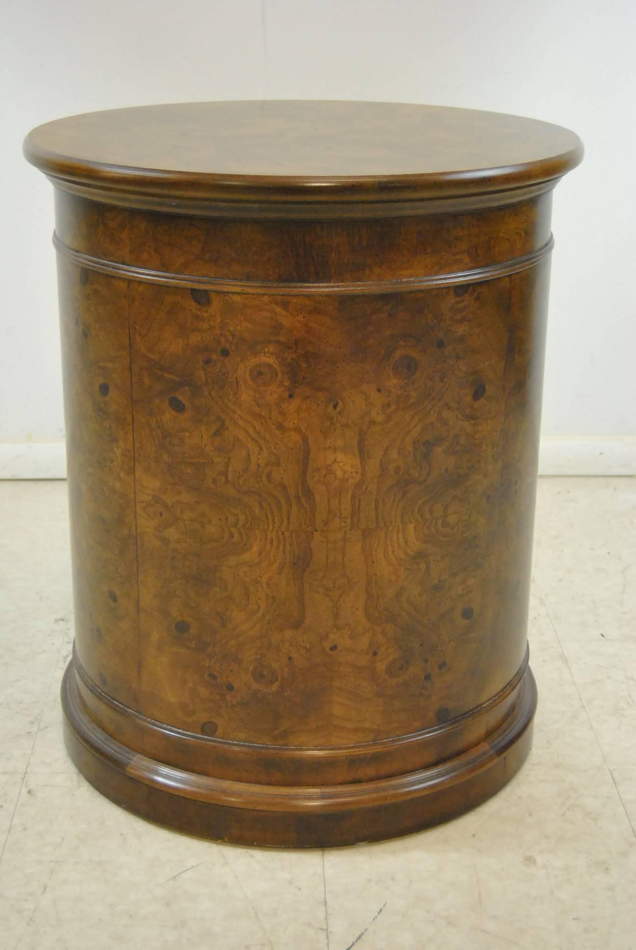 American Burled Walnut Round Pedestal Storage Stand or Table by Henredon For Sale