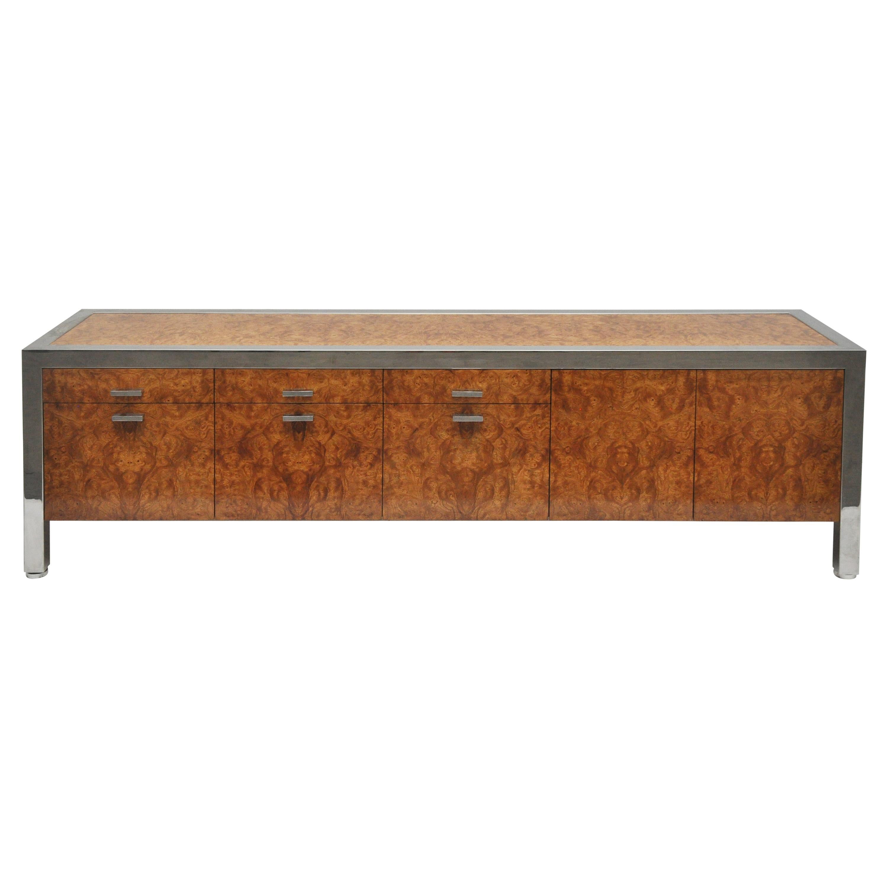 Burled Wood and Chrome Credenza by Pace
