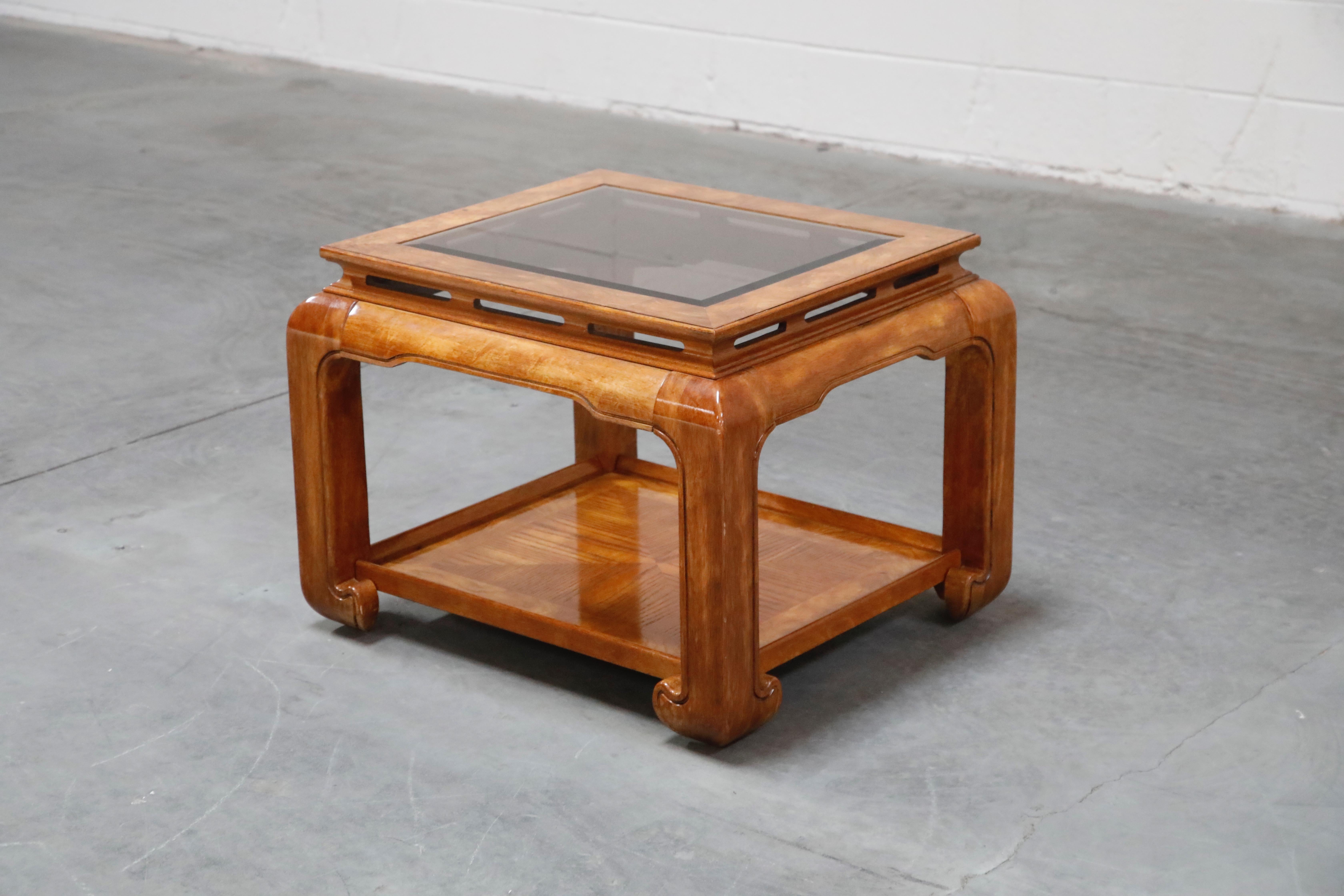 Burled Wood Chinoiserie Ming Styled Coffee Table and End Tables Set by Century 2