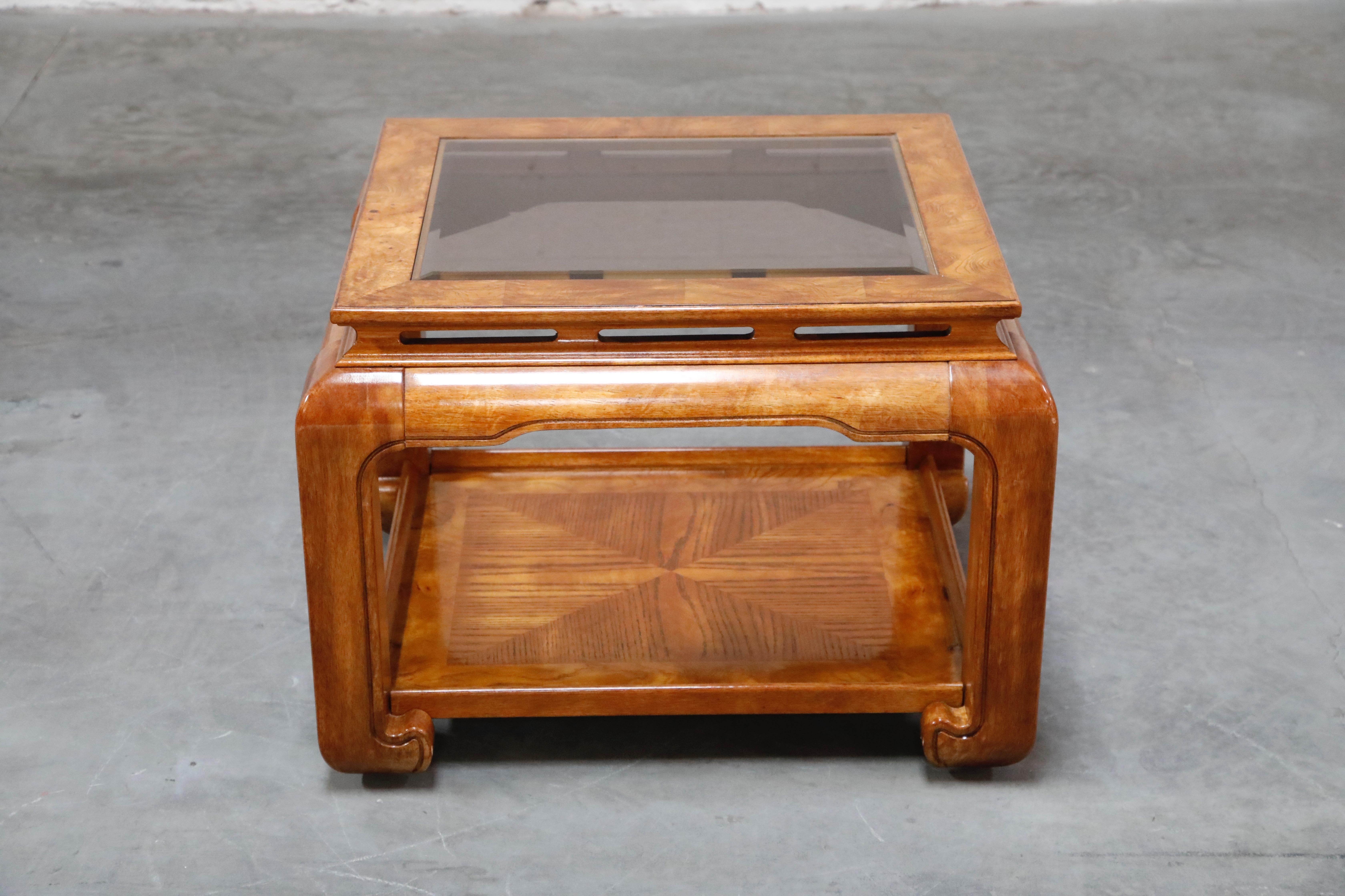 Burled Wood Chinoiserie Ming Styled Coffee Table and End Tables Set by Century 3