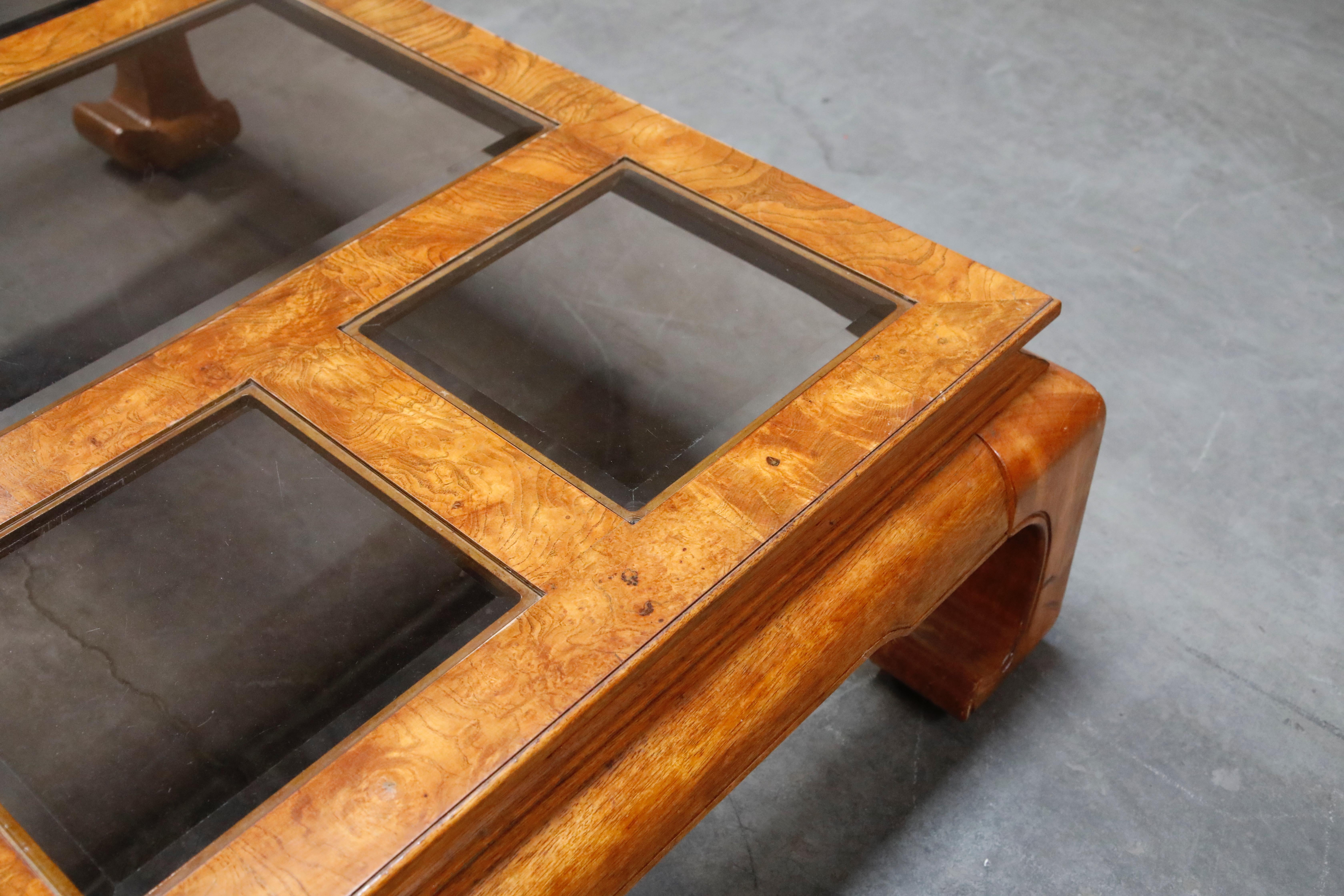 Burled Wood Chinoiserie Ming Styled Coffee Table and End Tables Set by Century 10