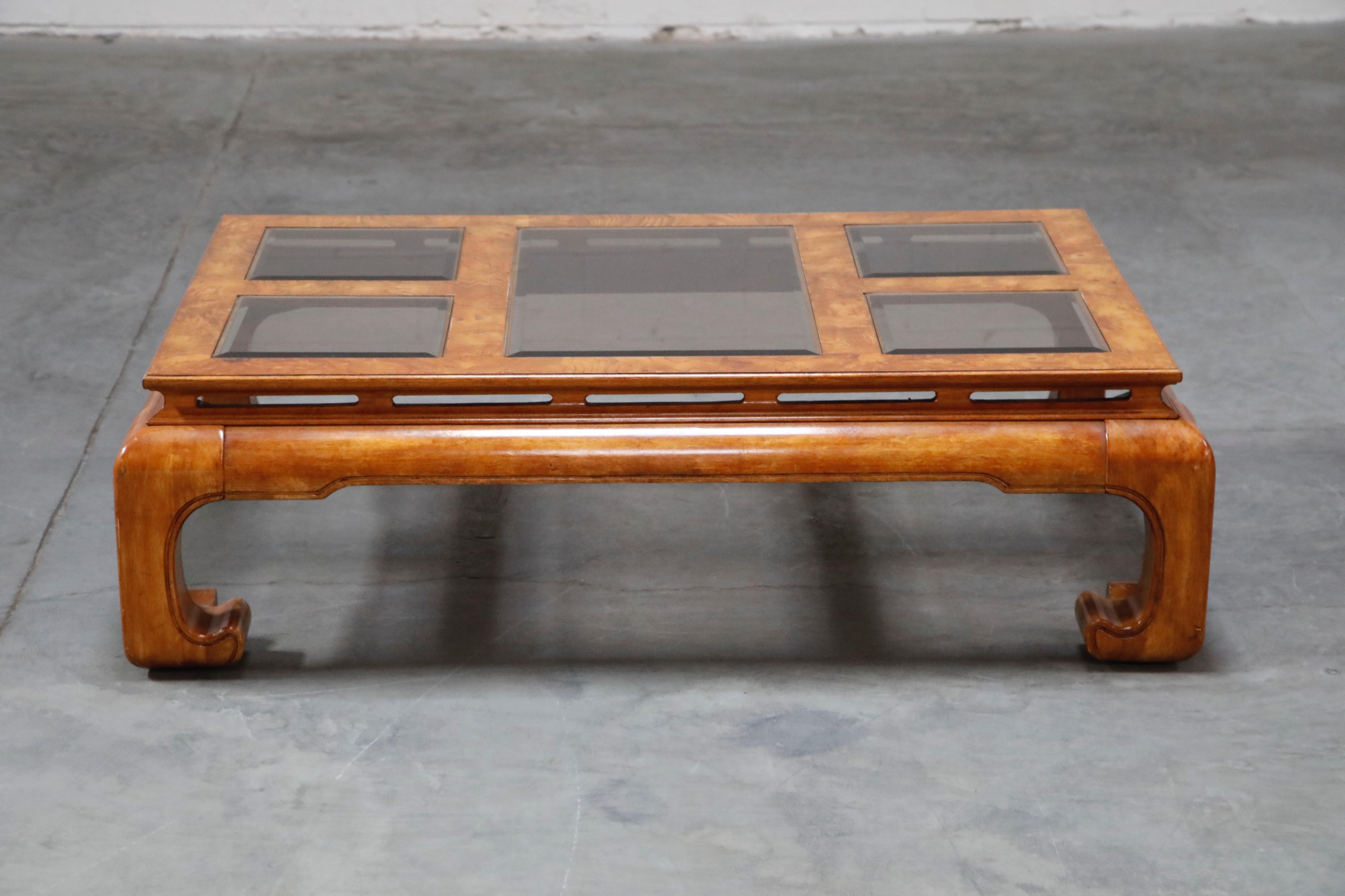 American Burled Wood Chinoiserie Ming Styled Coffee Table and End Tables Set by Century
