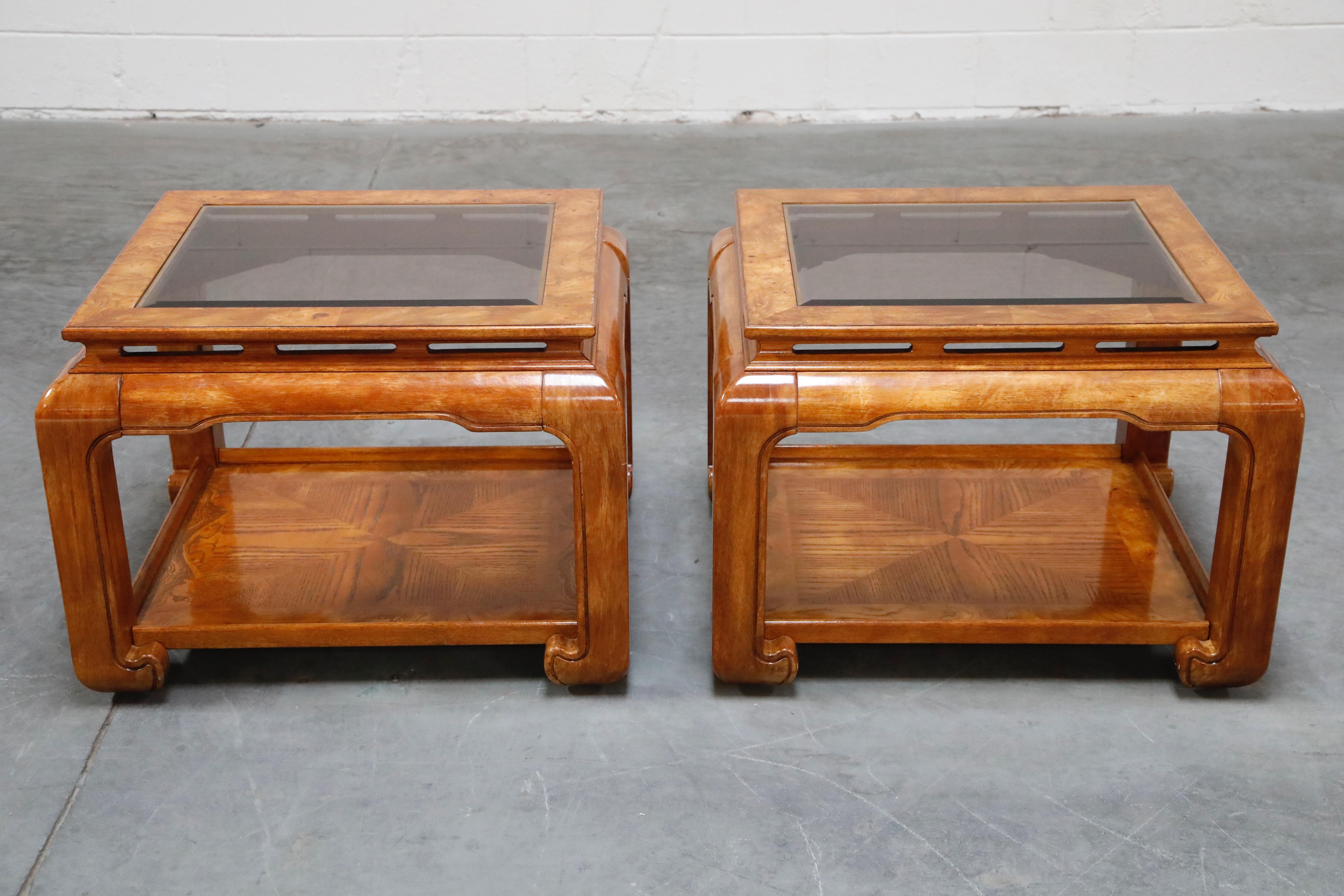 Burled Wood Chinoiserie Ming Styled Coffee Table and End Tables Set by Century In Excellent Condition In Los Angeles, CA